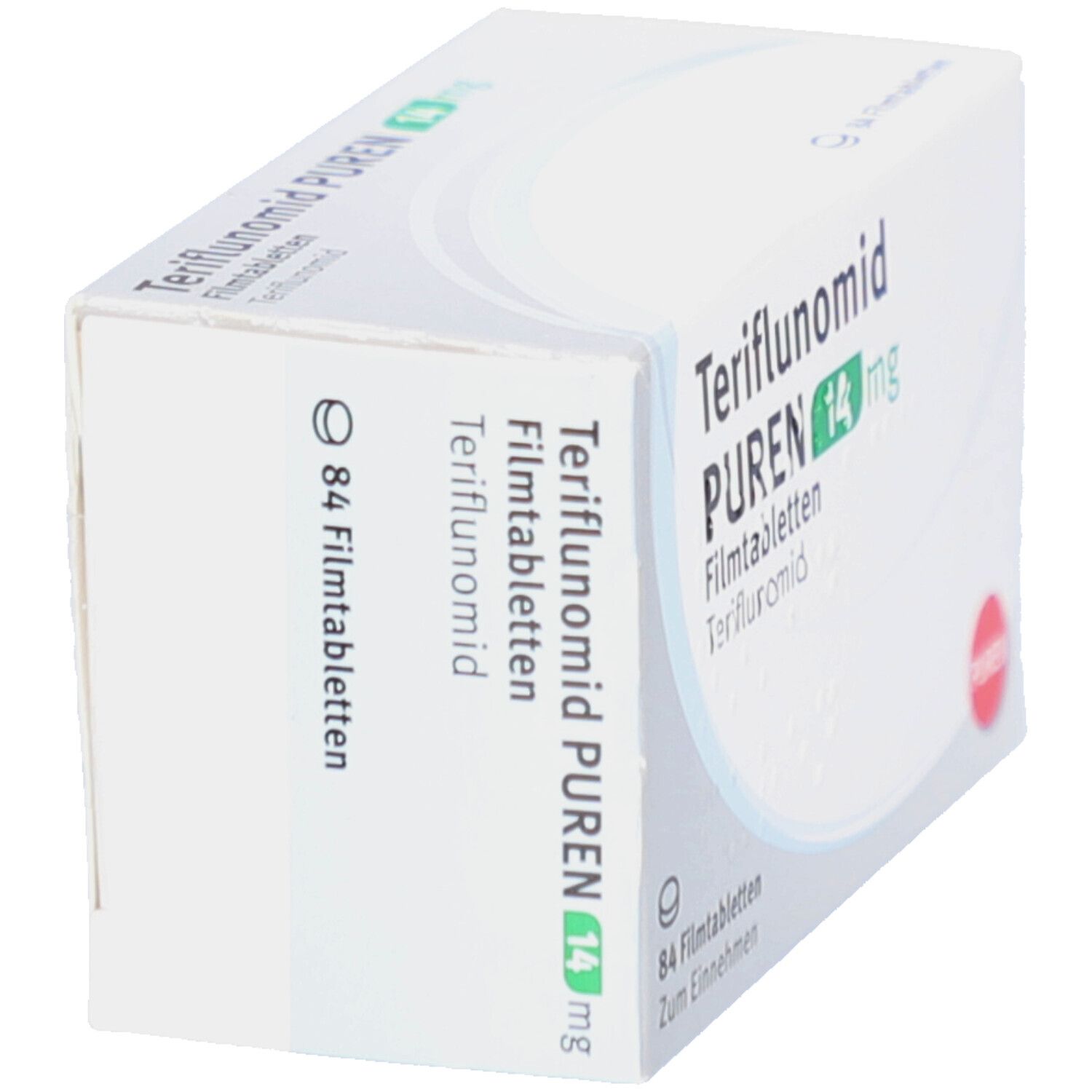 Schräg gestellte weiße Faltschachtel mit Aufschrift Teriflunomid PUREN 14 mg. Enthält 84 Filmtabletten. PUREN Logo.