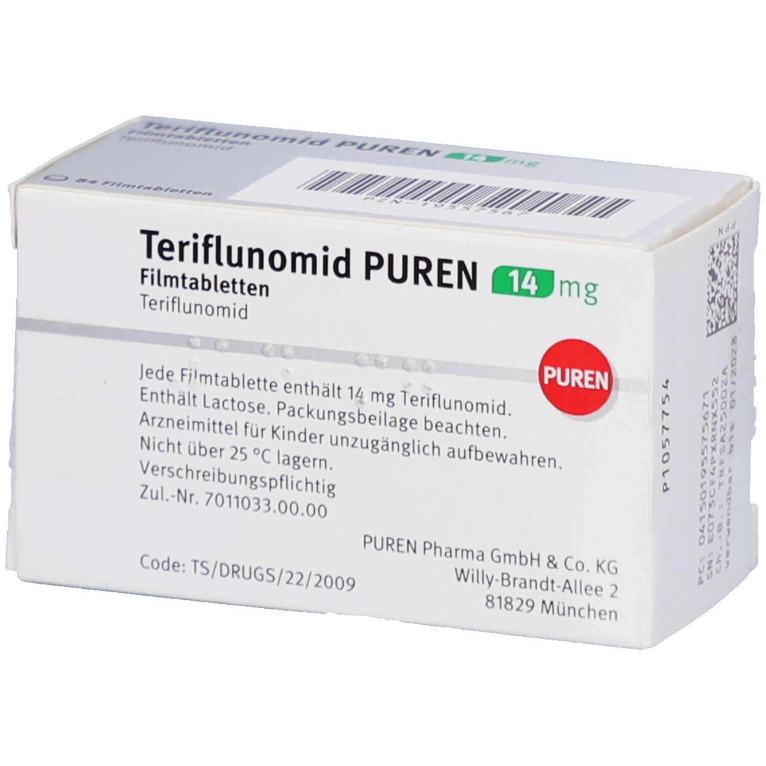 Weiße Faltschachtel mit Aufschrift Teriflunomid PUREN 14 mg Filmtabletten. Textinformationen und PUREN Logo.