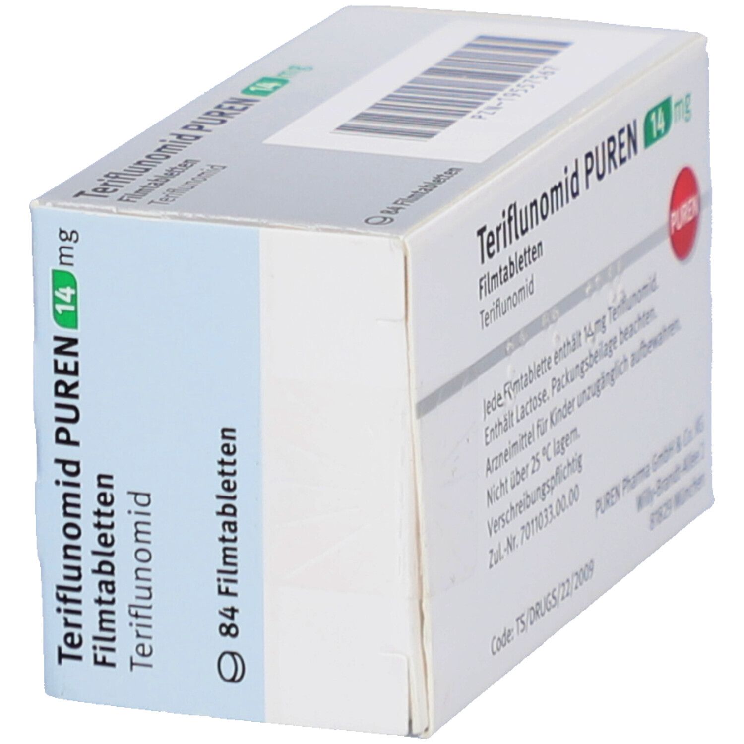 Schräg gestellte weiße Faltschachtel mit Aufschrift Teriflunomid PUREN 14 mg Filmtabletten. Textinformationen.