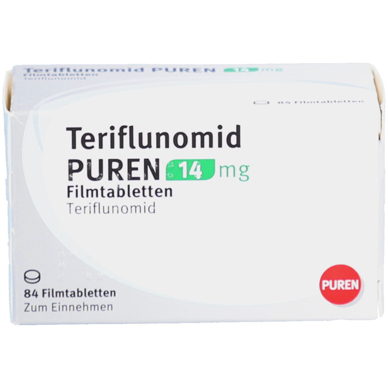 Weiße Faltschachtel mit Aufschrift Teriflunomid PUREN 14 mg Filmtabletten. Enthält 84 Tabletten. PUREN Logo.