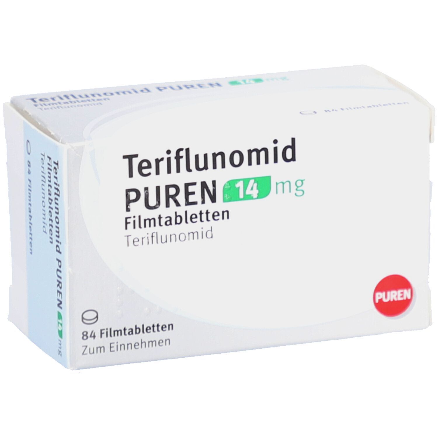 Weiße Faltschachtel mit Aufschrift Teriflunomid PUREN 14 mg Filmtabletten. Enthält 84 Tabletten. PUREN Logo.