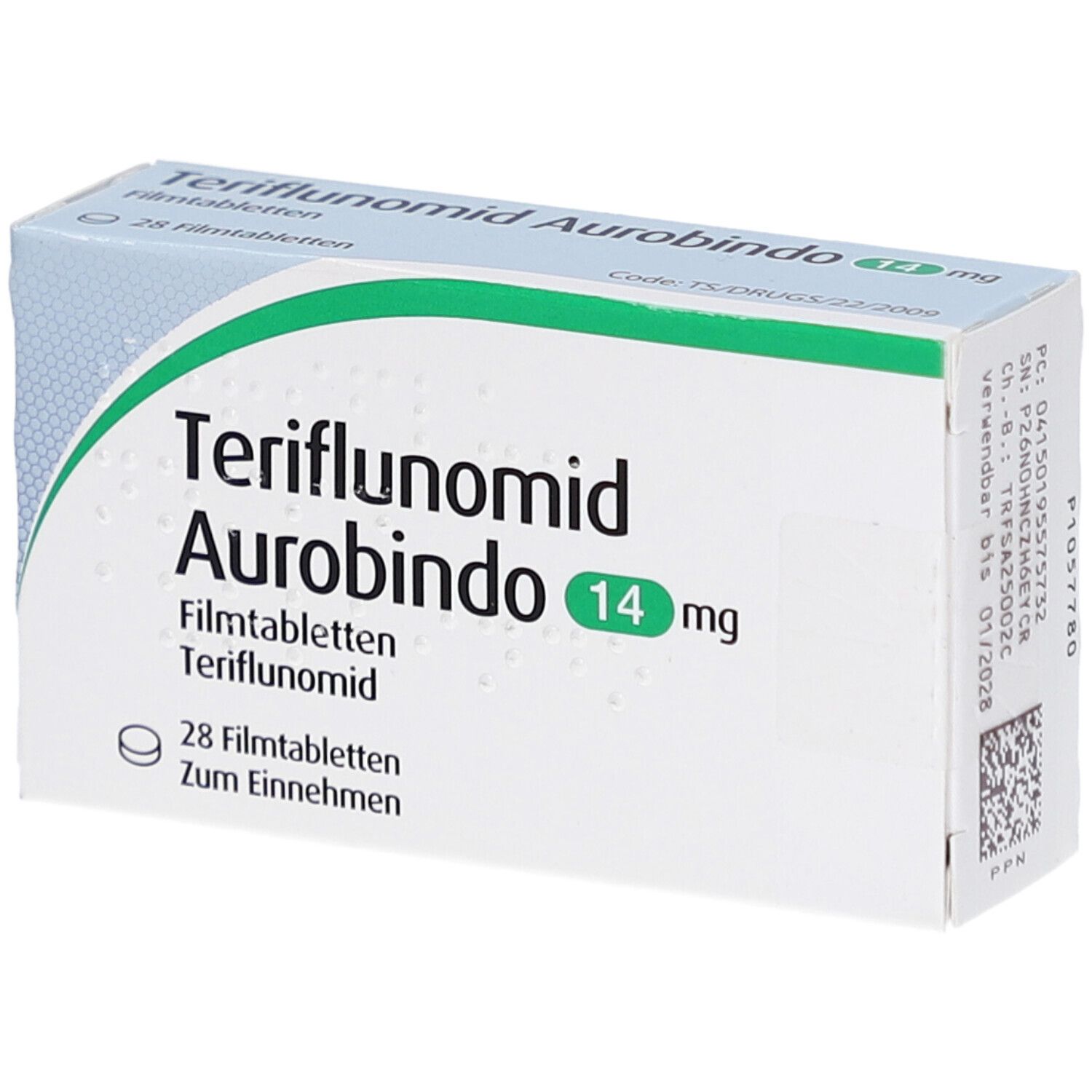 Schachtel mit Teriflunomid Aurobindo 14 mg Filmtabletten. Grün-weiße Verpackung mit Produktnamen und Dosierung.