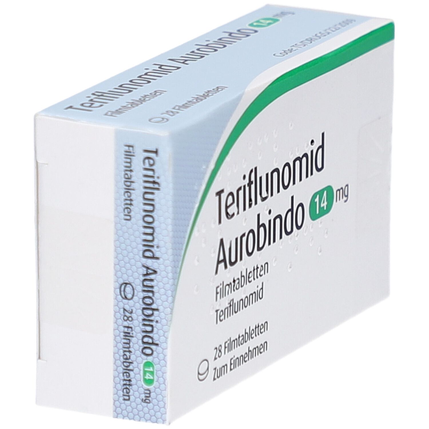Schräg gestellte Schachtel Teriflunomid Aurobindo 14 mg. Grün-weiße Verpackung mit Produktnamen und Dosierung.