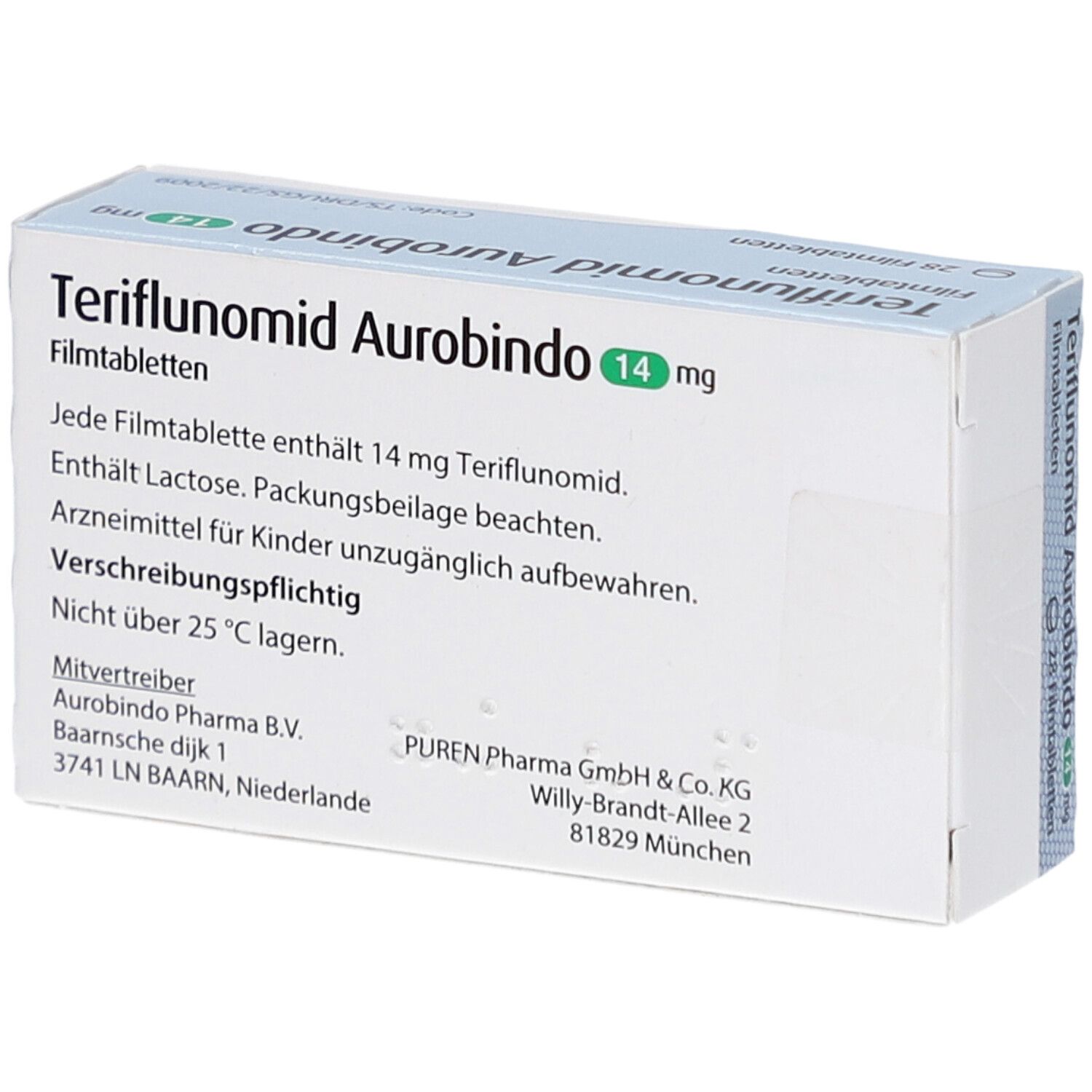 Schachtel Teriflunomid Aurobindo 14 mg. Textinformationen auf weißem Hintergrund. Dosierung und Herstellerangaben.