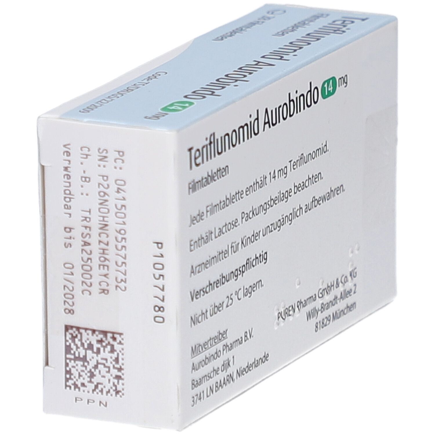 Rückseite der Schachtel Teriflunomid Aurobindo 14 mg. Textinformationen, Chargennummer und Verfallsdatum.