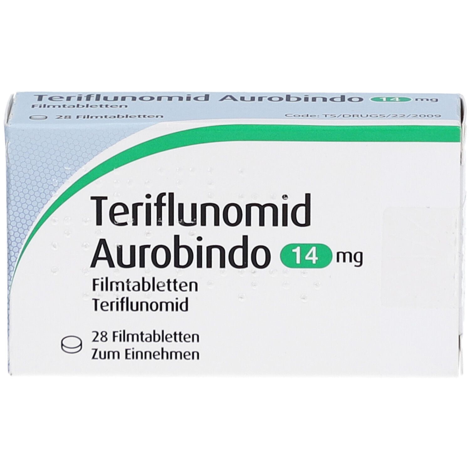 Schachtel Teriflunomid Aurobindo 14 mg. Grün-weiße Verpackung mit Produktnamen und Dosierung. 28 Filmtabletten.