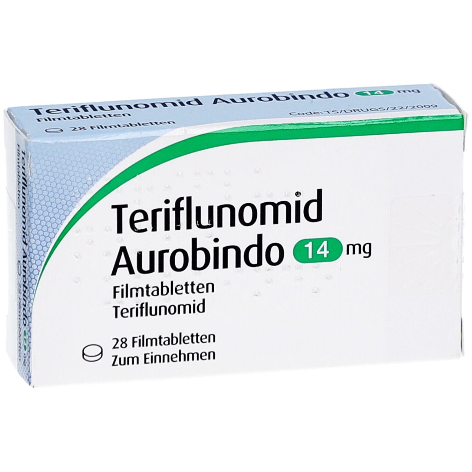 Schachtel Teriflunomid Aurobindo 14 mg. Grün-weiße Verpackung mit Produktnamen und Dosierung. 28 Filmtabletten.