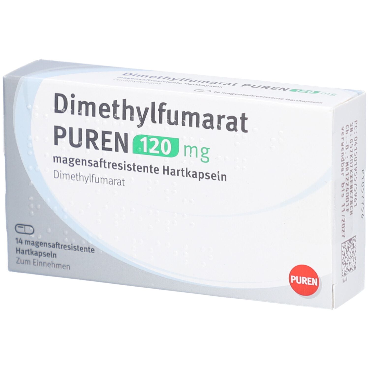 Schachtel mit DIMETHYLFUMARAT PUREN 120 mg Hartkapseln. Aufschrift: magensaftresistente Hartkapseln. PUREN-Logo.