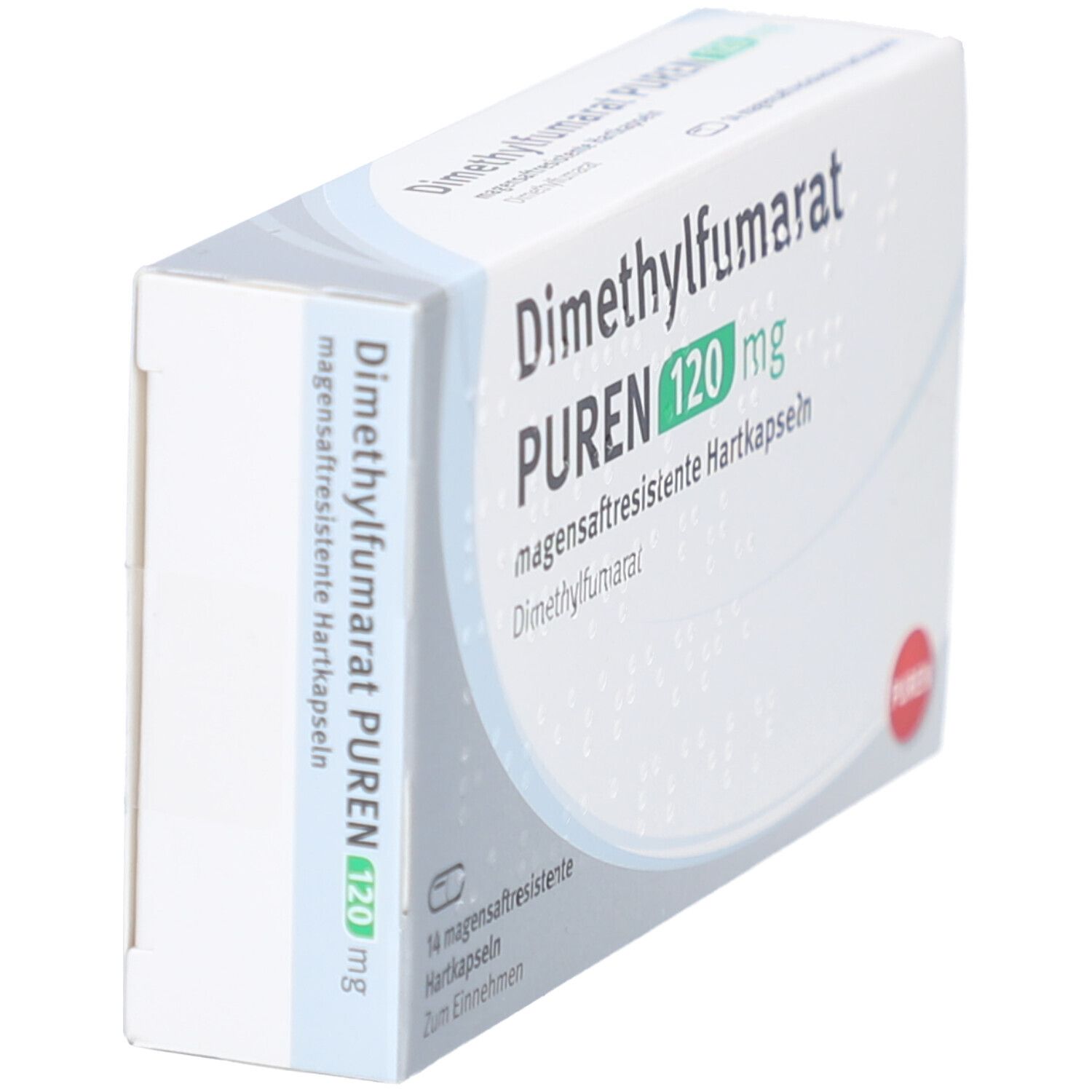 Schachtel mit DIMETHYLFUMARAT PUREN 120 mg Hartkapseln. Aufschrift: magensaftresistente Hartkapseln. PUREN-Logo.