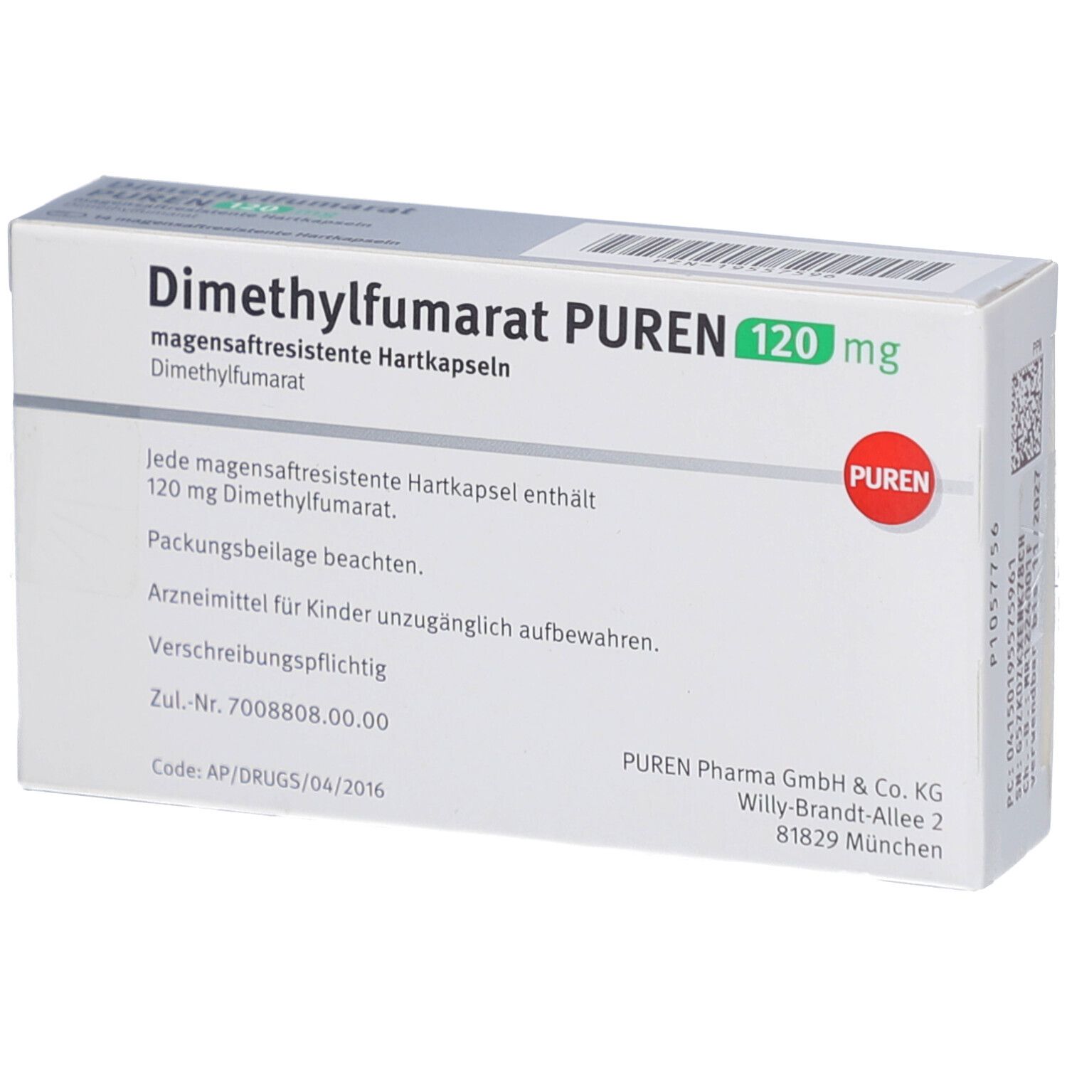 Schachtel mit DIMETHYLFUMARAT PUREN 120 mg Hartkapseln. Aufschrift: magensaftresistente Hartkapseln. PUREN-Logo.