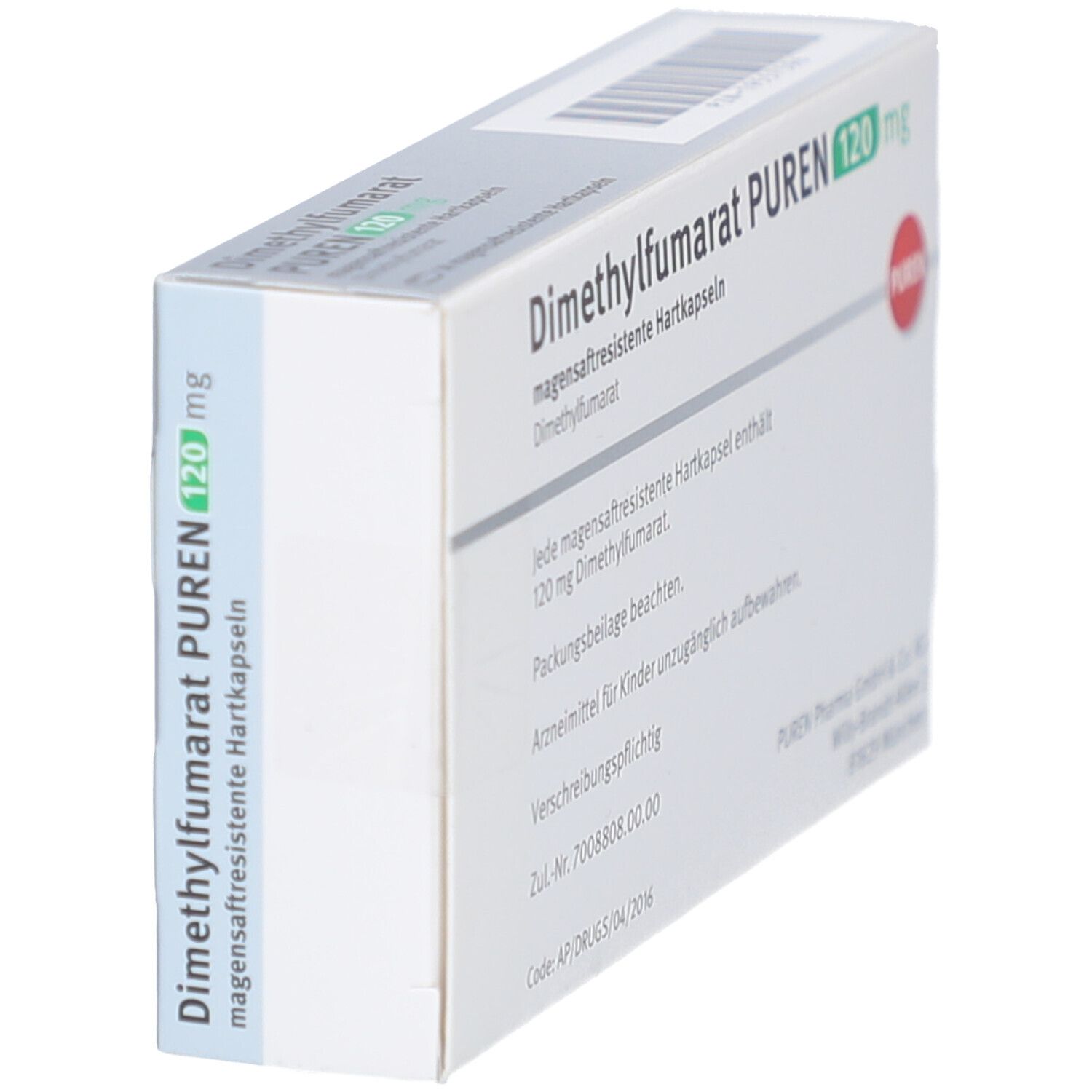 Schachtel mit DIMETHYLFUMARAT PUREN 120 mg Hartkapseln. Aufschrift: magensaftresistente Hartkapseln. PUREN-Logo.