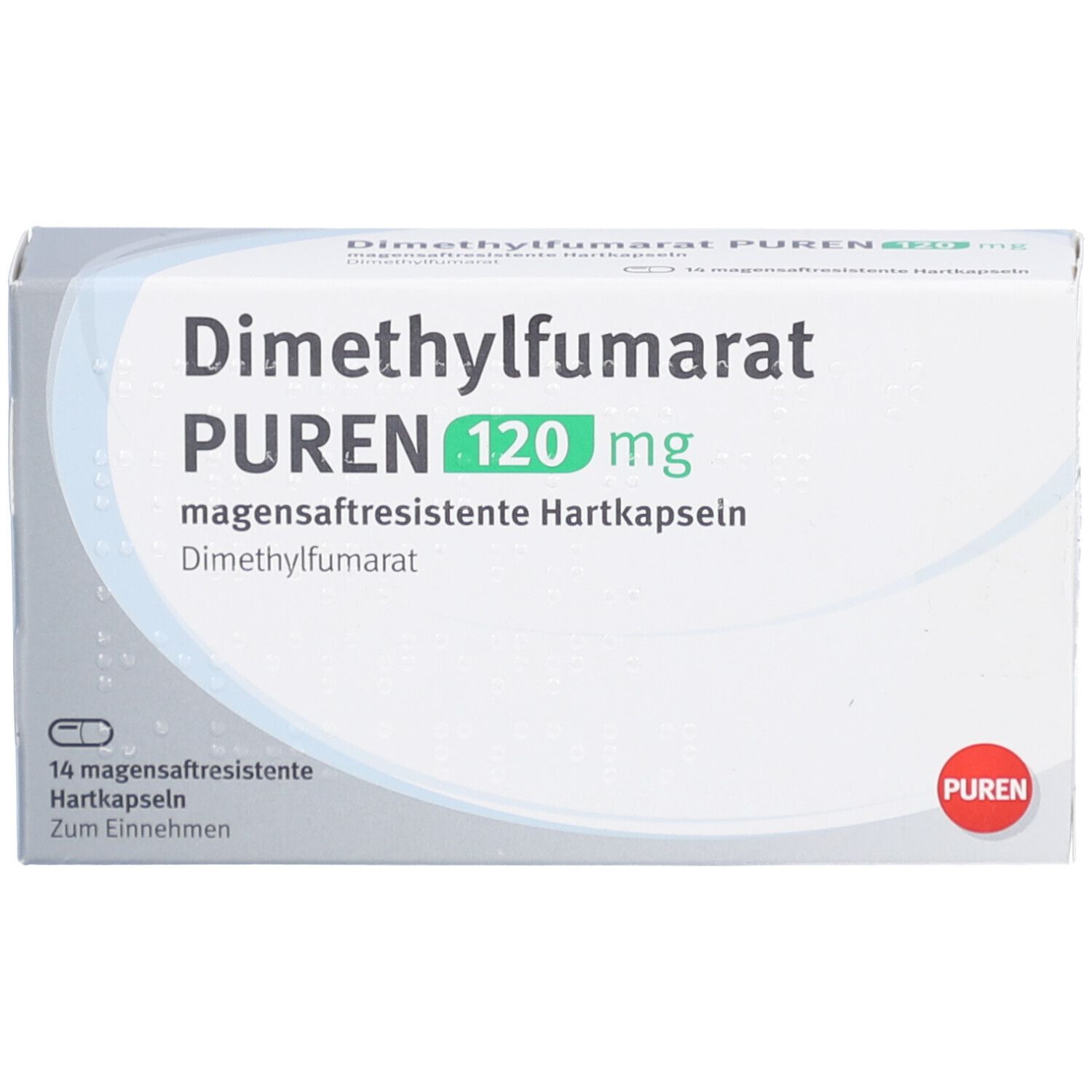 Schachtel mit DIMETHYLFUMARAT PUREN 120 mg Hartkapseln. Aufschrift: magensaftresistente Hartkapseln. PUREN-Logo.