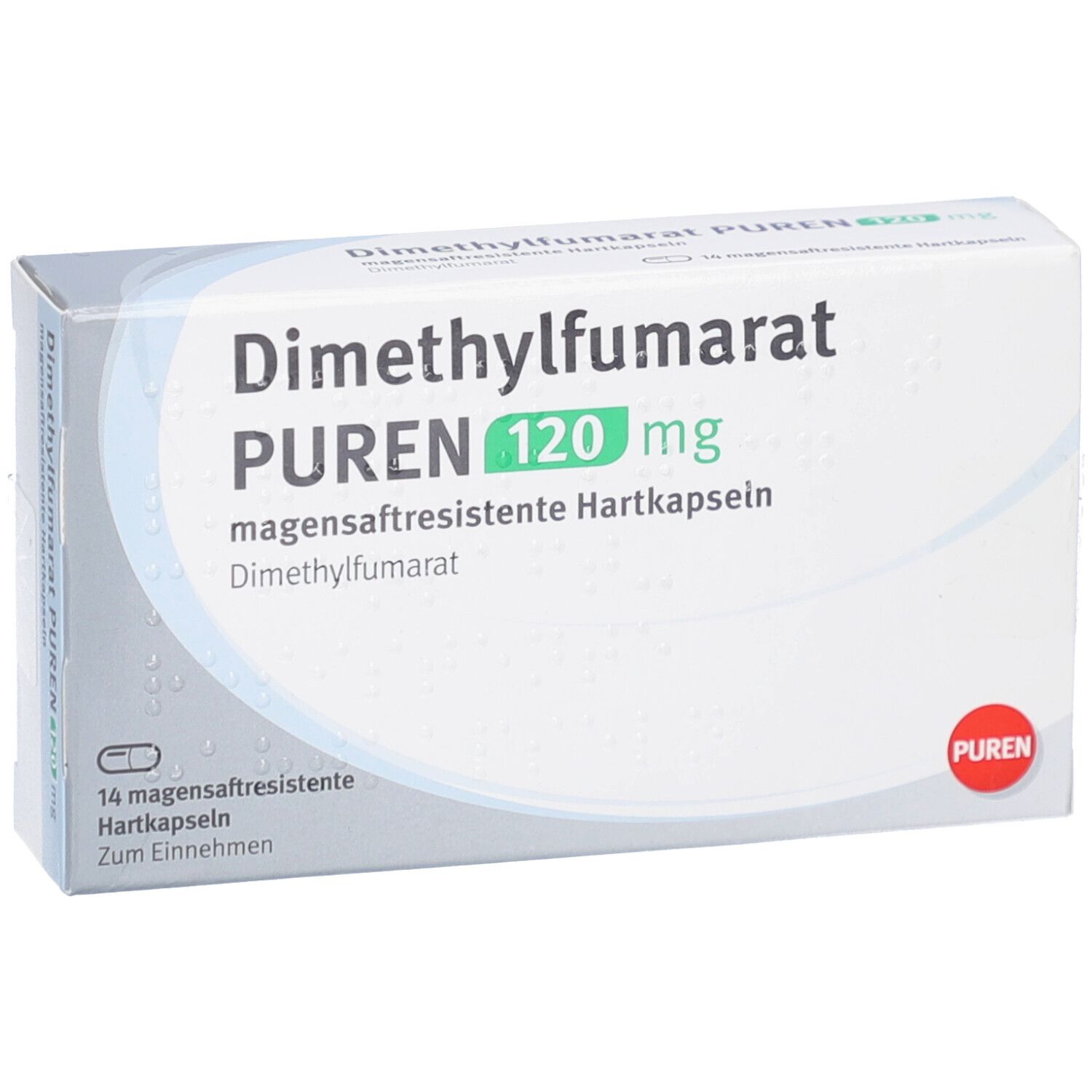 Schachtel mit DIMETHYLFUMARAT PUREN 120 mg Hartkapseln. Aufschrift: magensaftresistente Hartkapseln. PUREN-Logo.