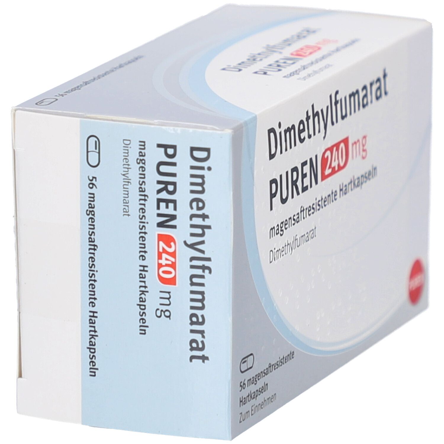 Weiße Schachtel mit Aufschrift: Dimethylfumarat PUREN 240 mg. Enthält 56 magensaftresistente Hartkapseln. PUREN Logo.