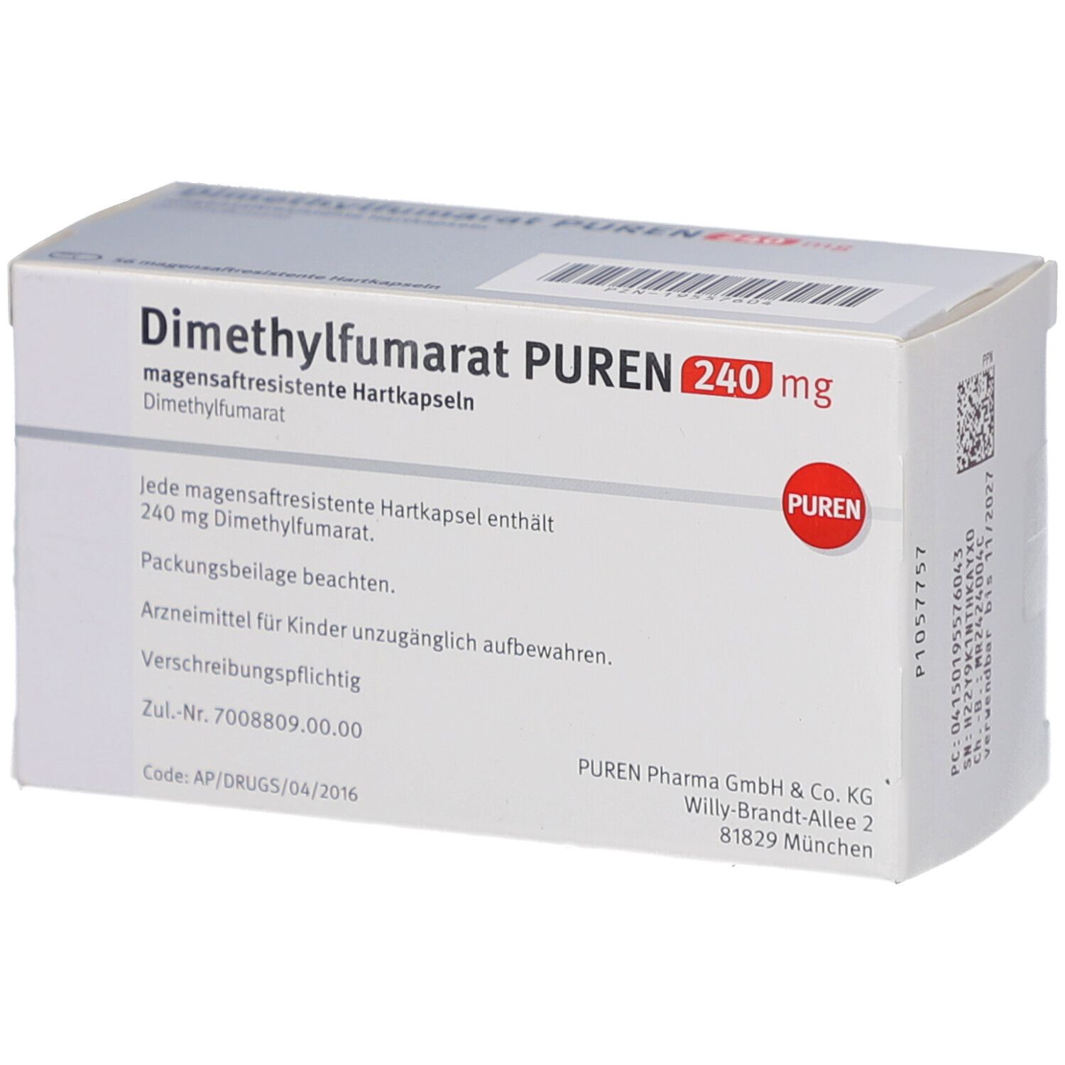 Weiße Schachtel mit Aufschrift: Dimethylfumarat PUREN 240 mg. Enthält 56 magensaftresistente Hartkapseln. PUREN Logo.