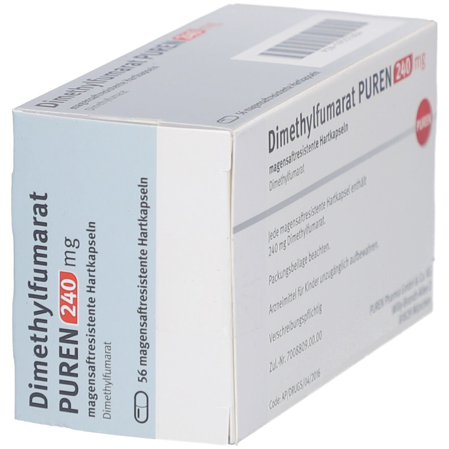 Weiße Schachtel mit Aufschrift: Dimethylfumarat PUREN 240 mg. Enthält 56 magensaftresistente Hartkapseln. PUREN Logo.