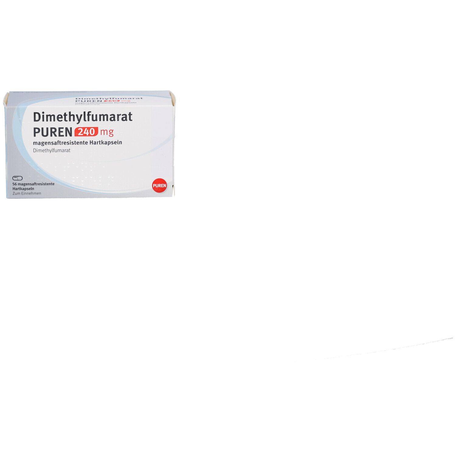 Weiße Schachtel mit Aufschrift: Dimethylfumarat PUREN 240 mg. Enthält 56 magensaftresistente Hartkapseln. PUREN Logo.