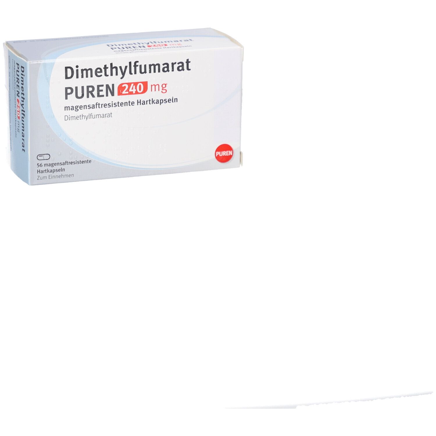 Weiße Schachtel mit Aufschrift: Dimethylfumarat PUREN 240 mg. Enthält 56 magensaftresistente Hartkapseln. PUREN Logo.