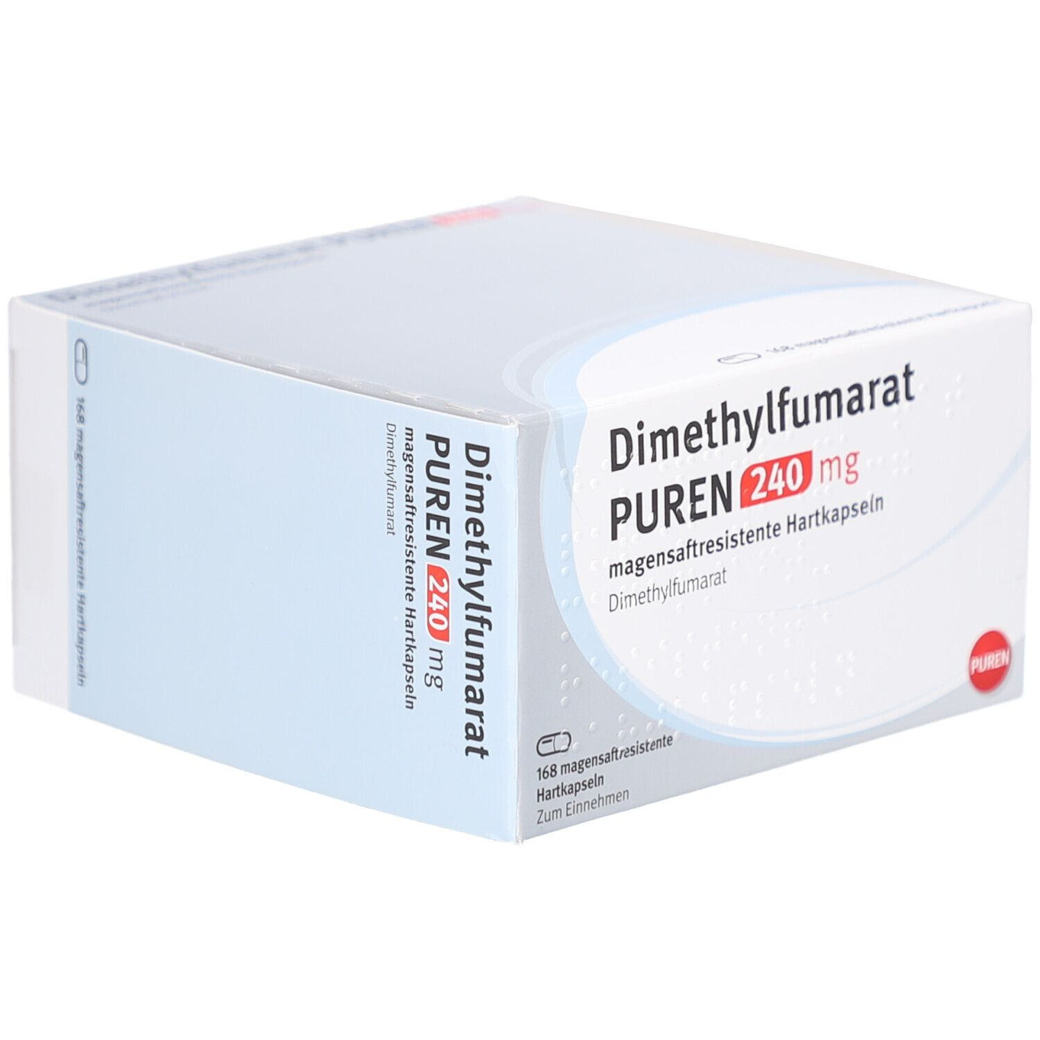 Weißer Karton mit Aufschrift: Dimethylfumarat PUREN 240 mg magensaftresistente Hartkapseln. PUREN Logo. 168 Hartkapseln.