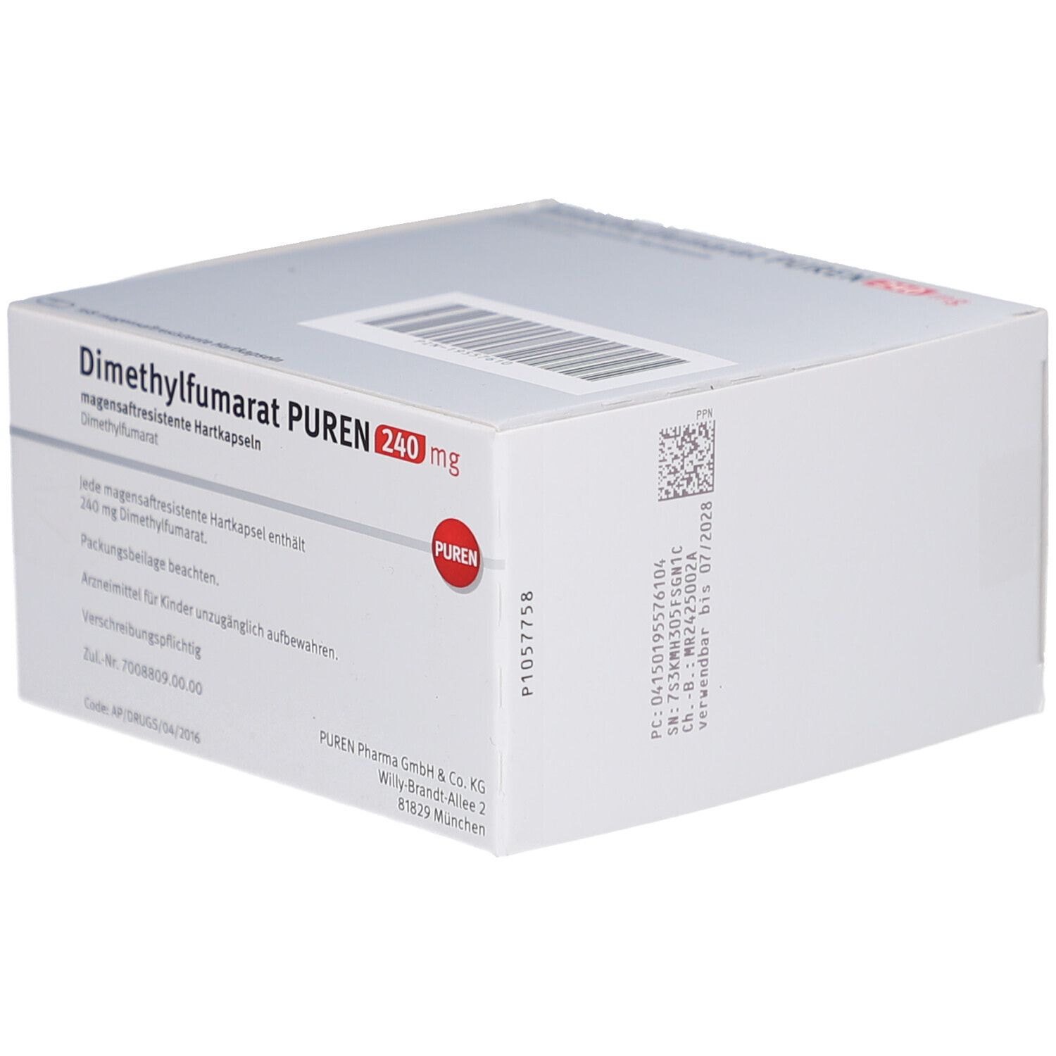 Weißer Karton mit Aufschrift: Dimethylfumarat PUREN 240 mg magensaftresistente Hartkapseln. PUREN Logo. Herstellerinformationen.