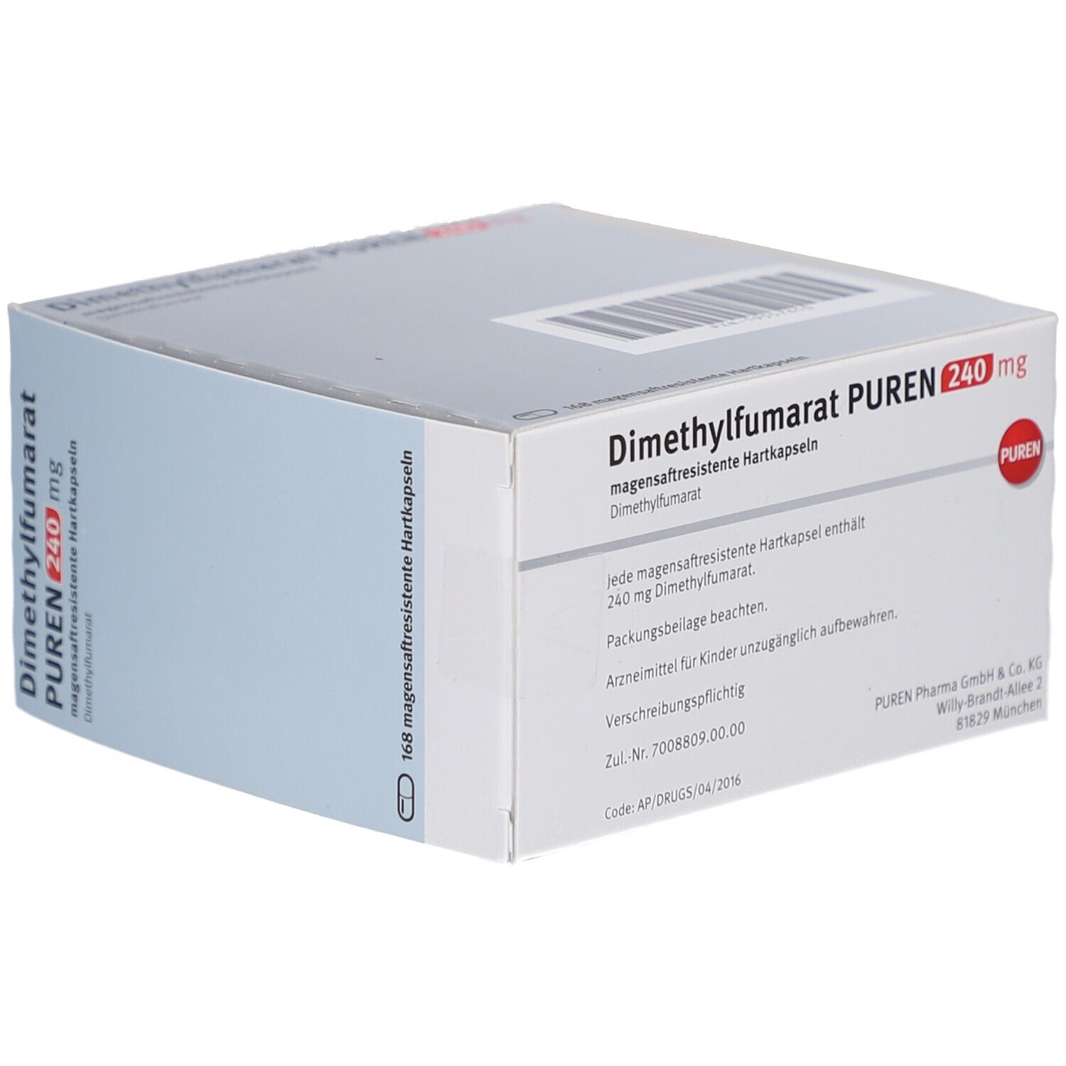 Weißer Karton mit Aufschrift: Dimethylfumarat PUREN 240 mg magensaftresistente Hartkapseln. PUREN Logo. 168 Hartkapseln.