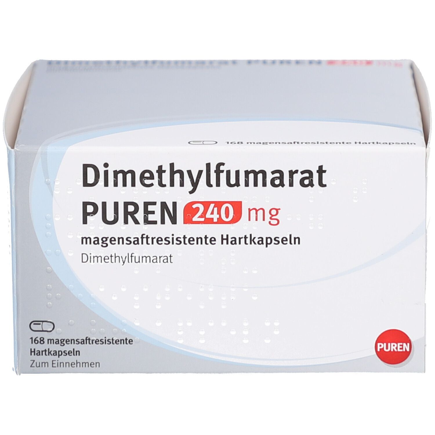 Weißer Karton mit Aufschrift: Dimethylfumarat PUREN 240 mg magensaftresistente Hartkapseln. 168 Hartkapseln. PUREN Logo.