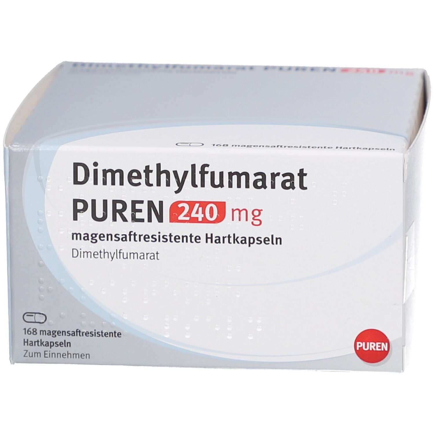 Weißer Karton mit Aufschrift: Dimethylfumarat PUREN 240 mg magensaftresistente Hartkapseln. 168 Hartkapseln. PUREN Logo.