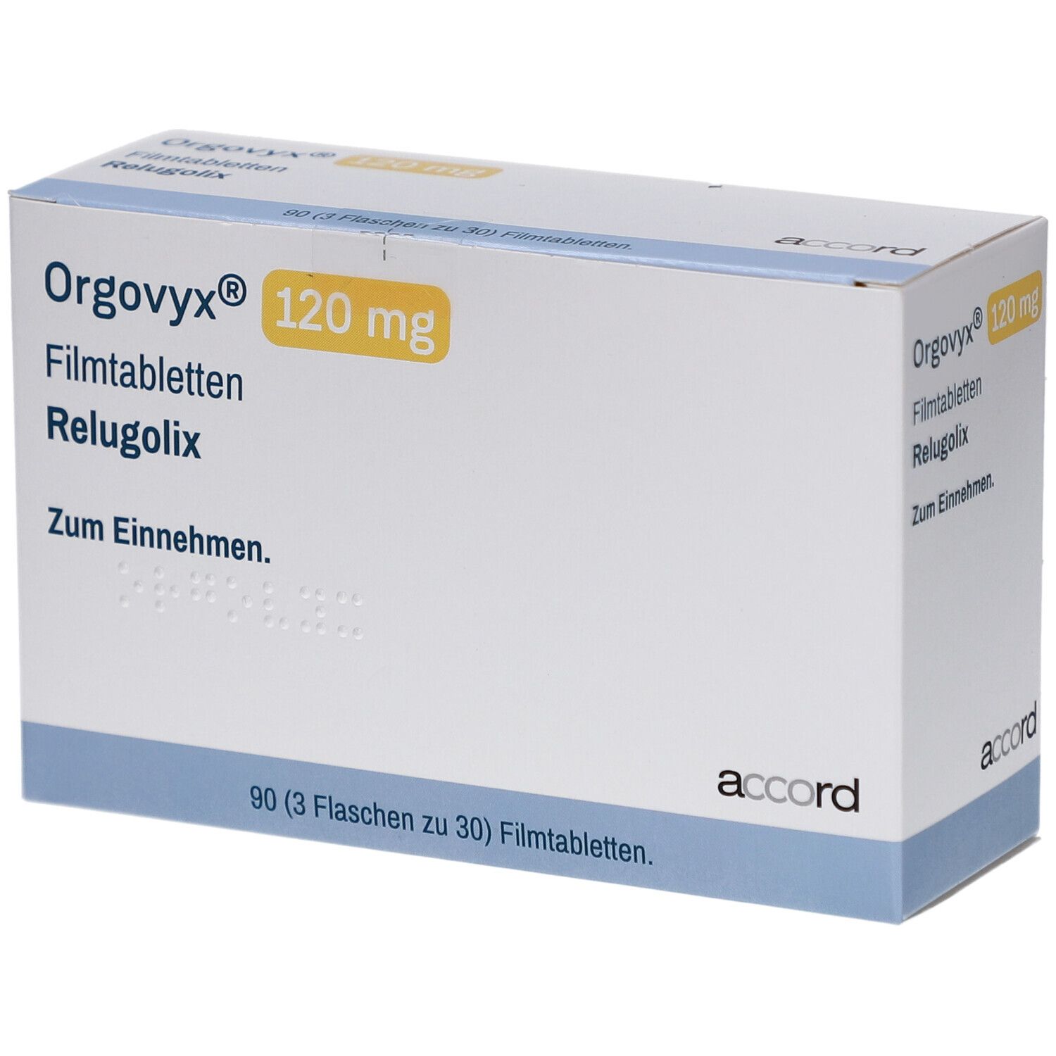 Schachtel mit ORGOVYX 120 mg Filmtabletten. Aufschrift: Relugolix, Zum Einnehmen. 90 Tabletten. Marke: accord.