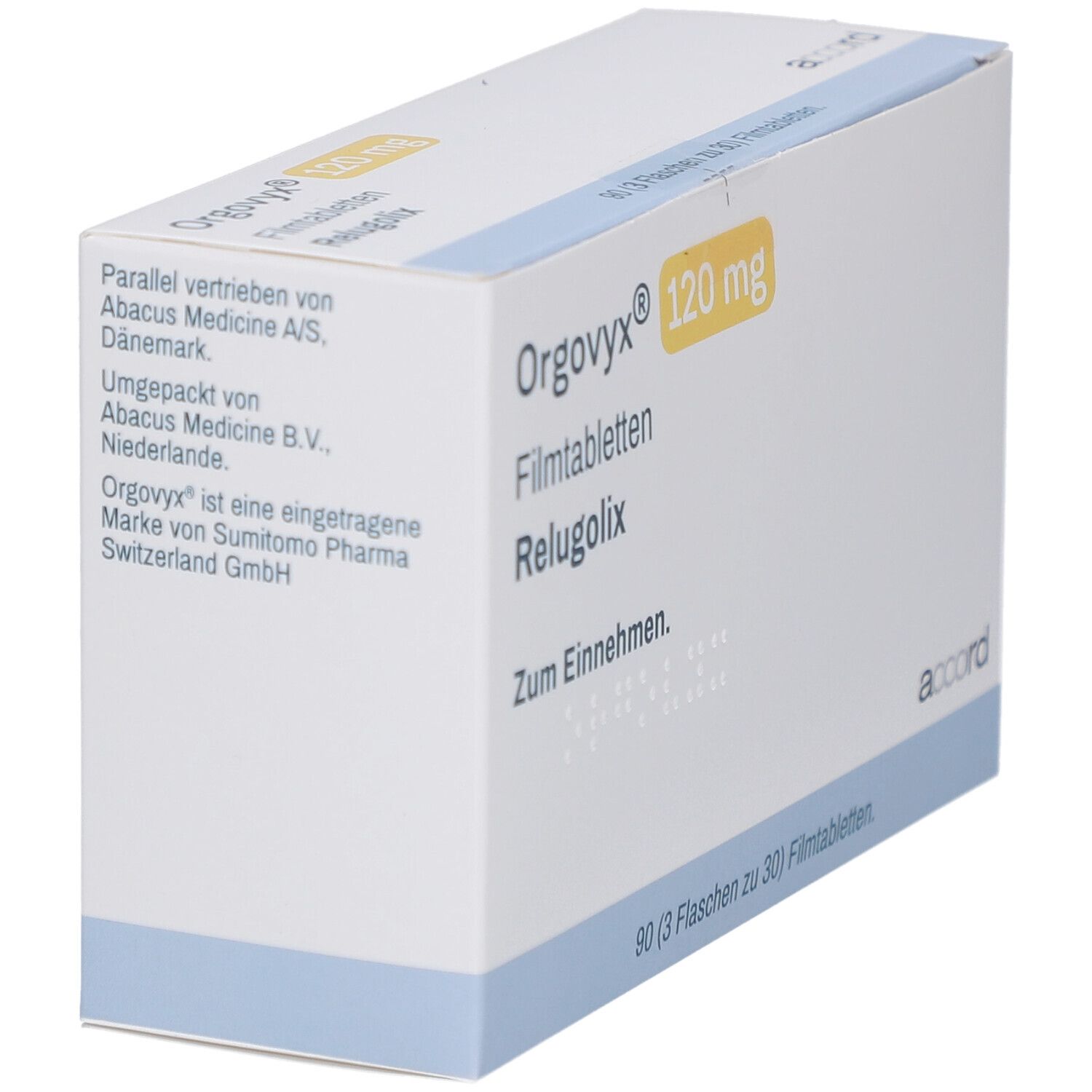 Schachtel mit ORGOVYX 120 mg Filmtabletten. Aufschrift: Relugolix, Zum Einnehmen. Marke: accord. Seitenansicht.