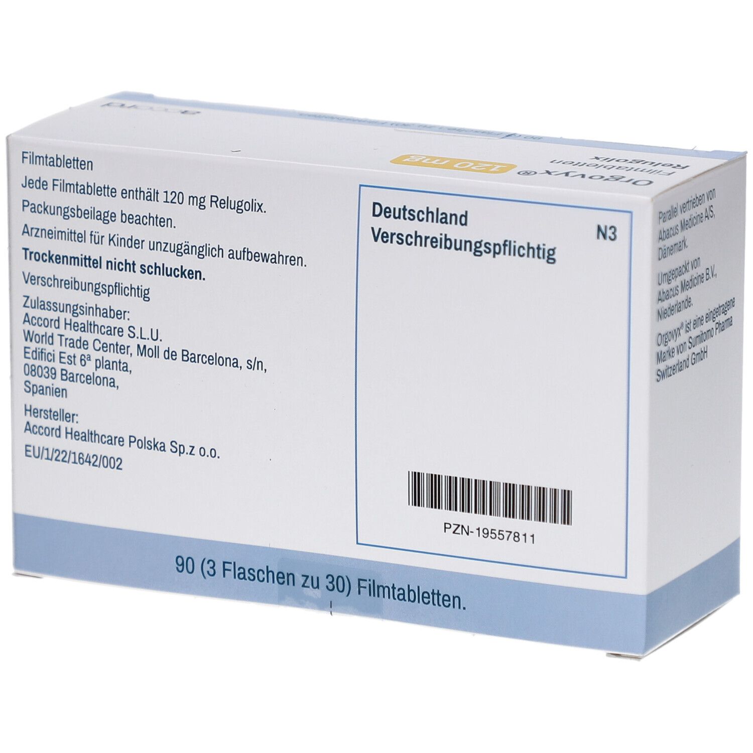 Rückseite der Schachtel mit ORGOVYX 120 mg Filmtabletten. Text: Verschreibungspflichtig. Herstellerinformationen und Barcode.
