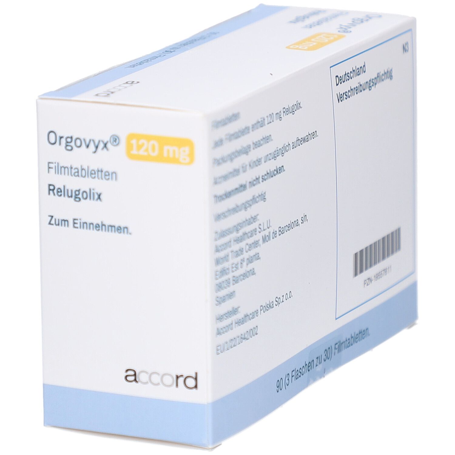Schachtel mit ORGOVYX 120 mg Filmtabletten. Aufschrift: Relugolix, Zum Einnehmen. Marke: accord. Seitenansicht.