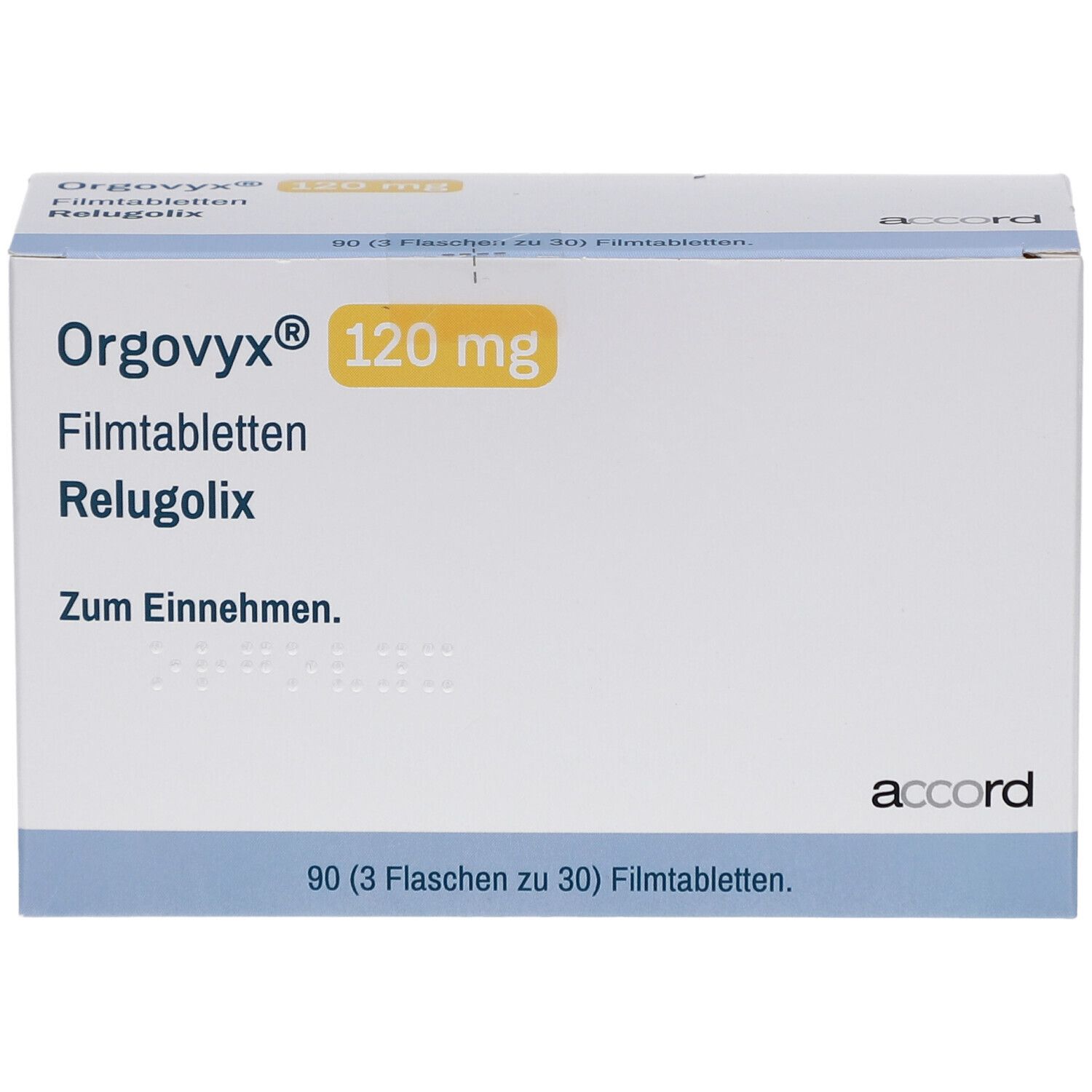 Schachtel mit ORGOVYX 120 mg Filmtabletten. Aufschrift: Relugolix, Zum Einnehmen. 90 Tabletten. Marke: accord.