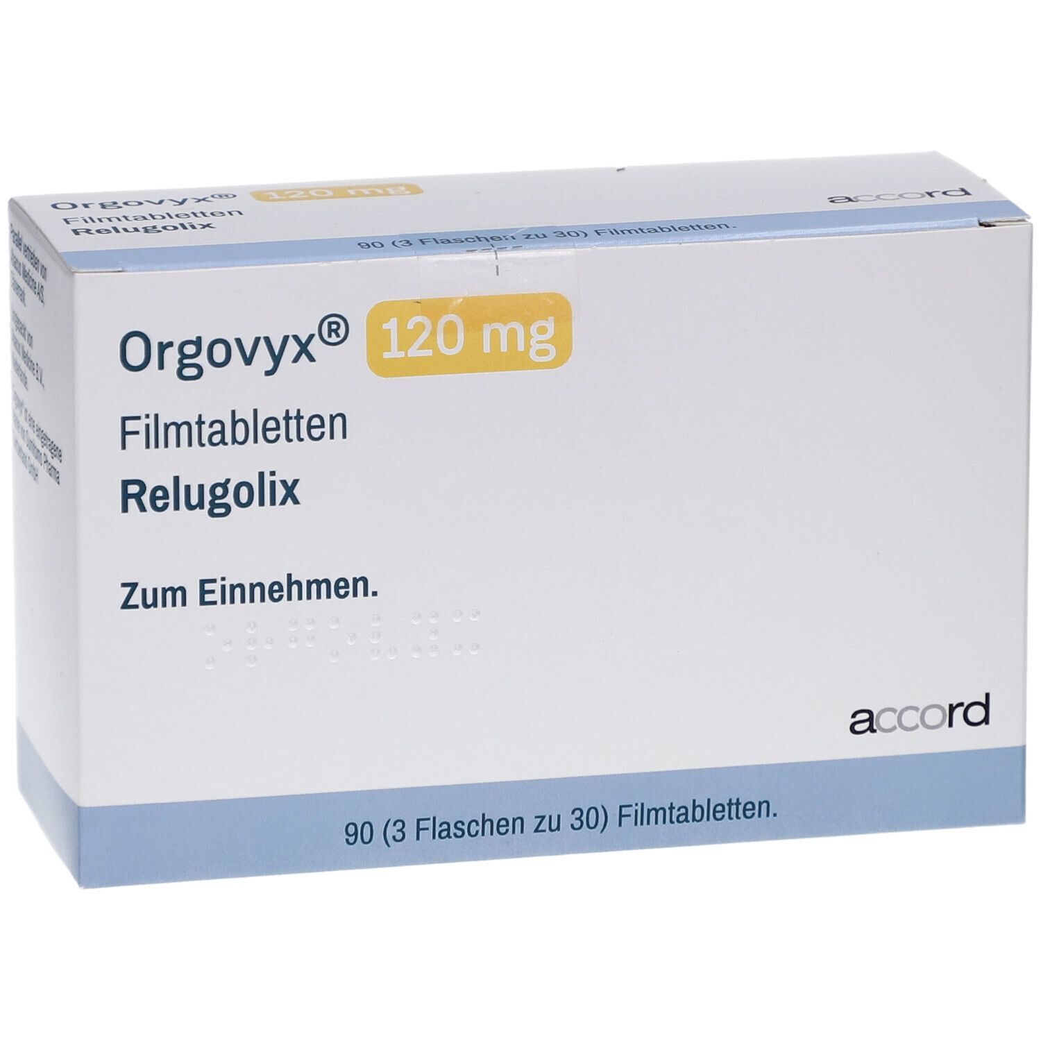 Schachtel mit ORGOVYX 120 mg Filmtabletten. Aufschrift: Relugolix, Zum Einnehmen. 90 Tabletten. Marke: accord.