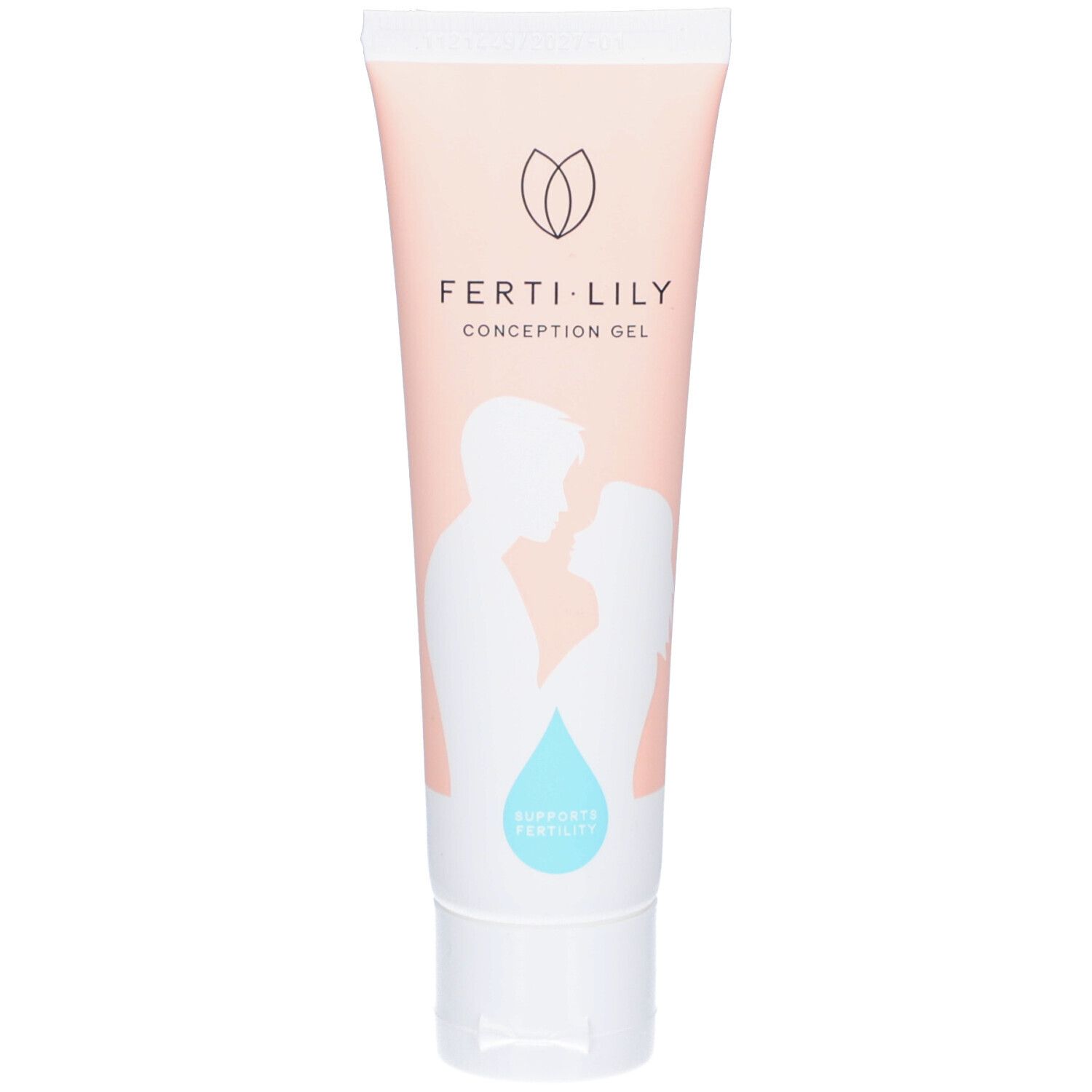 Rosa Tube mit weißem Deckel. Aufdruck: FERTI·LILY, Logo, Umriss von Paar, Tropfen. Text: Conception Gel, Supports Fertility.