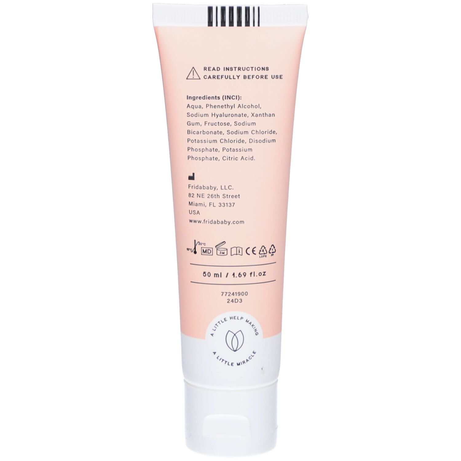 Rückseite der rosa Tube. Text: Inhaltsstoffe, Warnhinweis, Herstelleradresse, Website, Chargennummer, CE-Kennzeichnung.