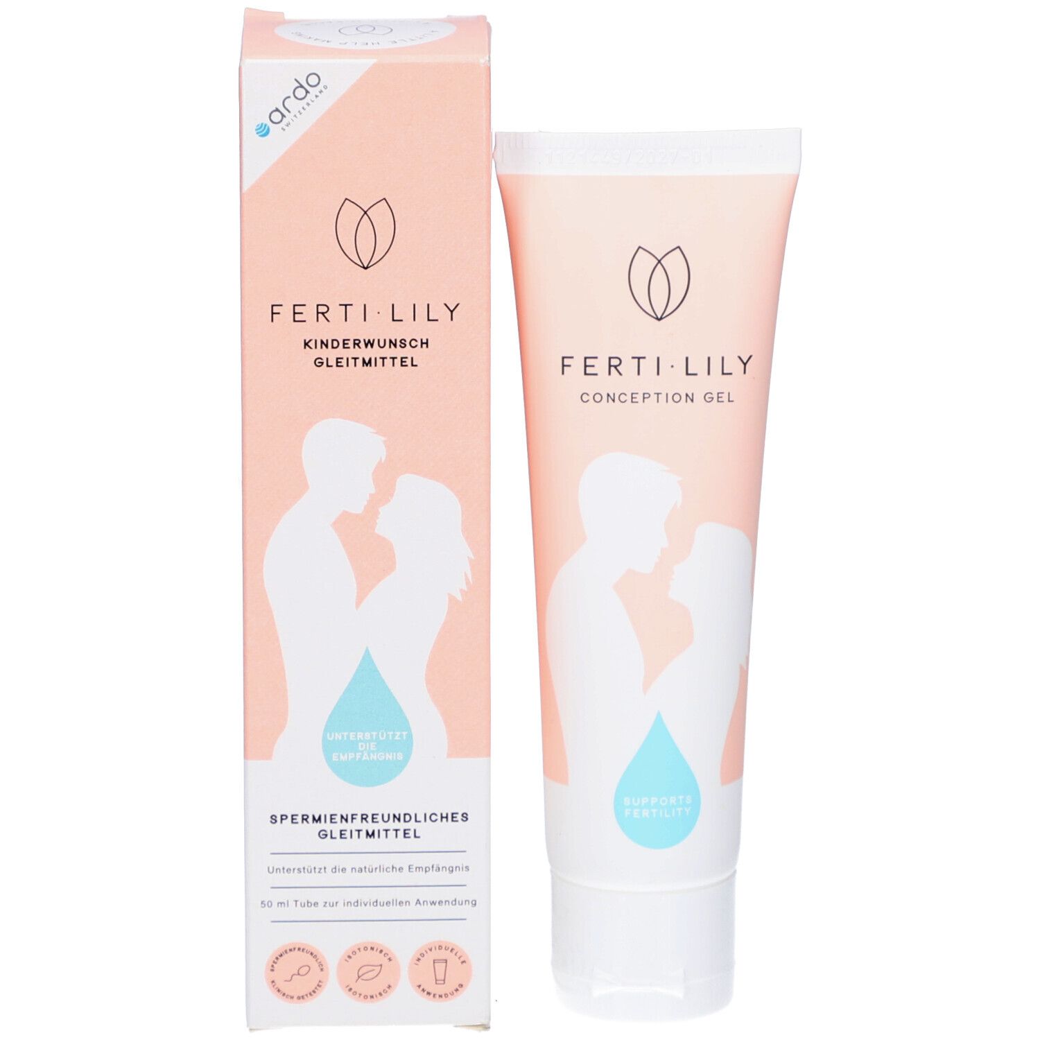 Produktverpackung. Rosa Schachtel und Tube. Aufdruck: FERTI·LILY, Logo, Paar-Umriss, Tropfen. Text: Kinderwunsch Gleitmittel, spermienfreundlich.