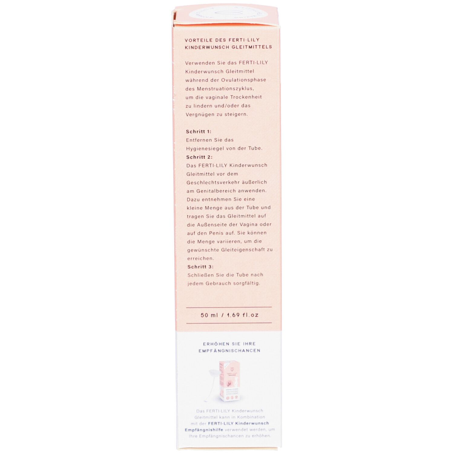 Rückseite der Schachtel. Text: Vorteile des FERTI·LILY Kinderwunsch Gleitmittels, Anwendungsschritte, Chargennummer, Herstelleradresse.
