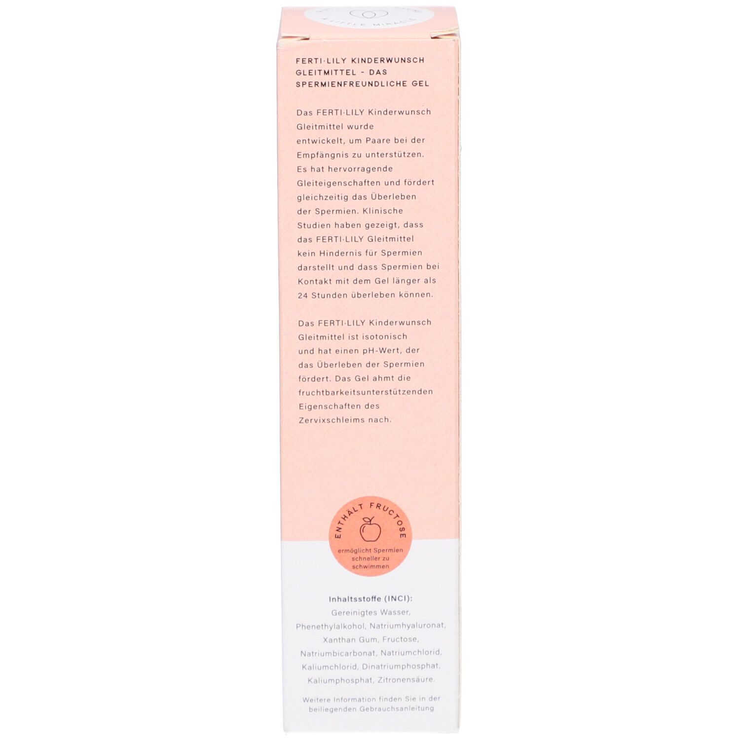Seite der Schachtel. Text: Informationen zum FERTI·LILY Kinderwunsch Gleitmittel, Inhaltsstoffe, Herstelleradresse, Chargennummer.