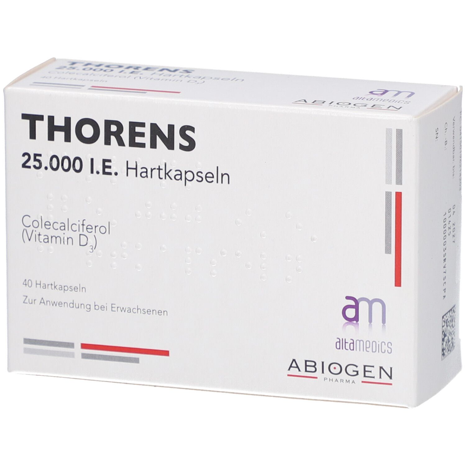 Weiße Schachtel mit THORENS 25.000 I.E. Hartkapseln. Enthält Colecalciferol (Vitamin D3). 40 Hartkapseln. Logo von altamedics ABIOGEN.