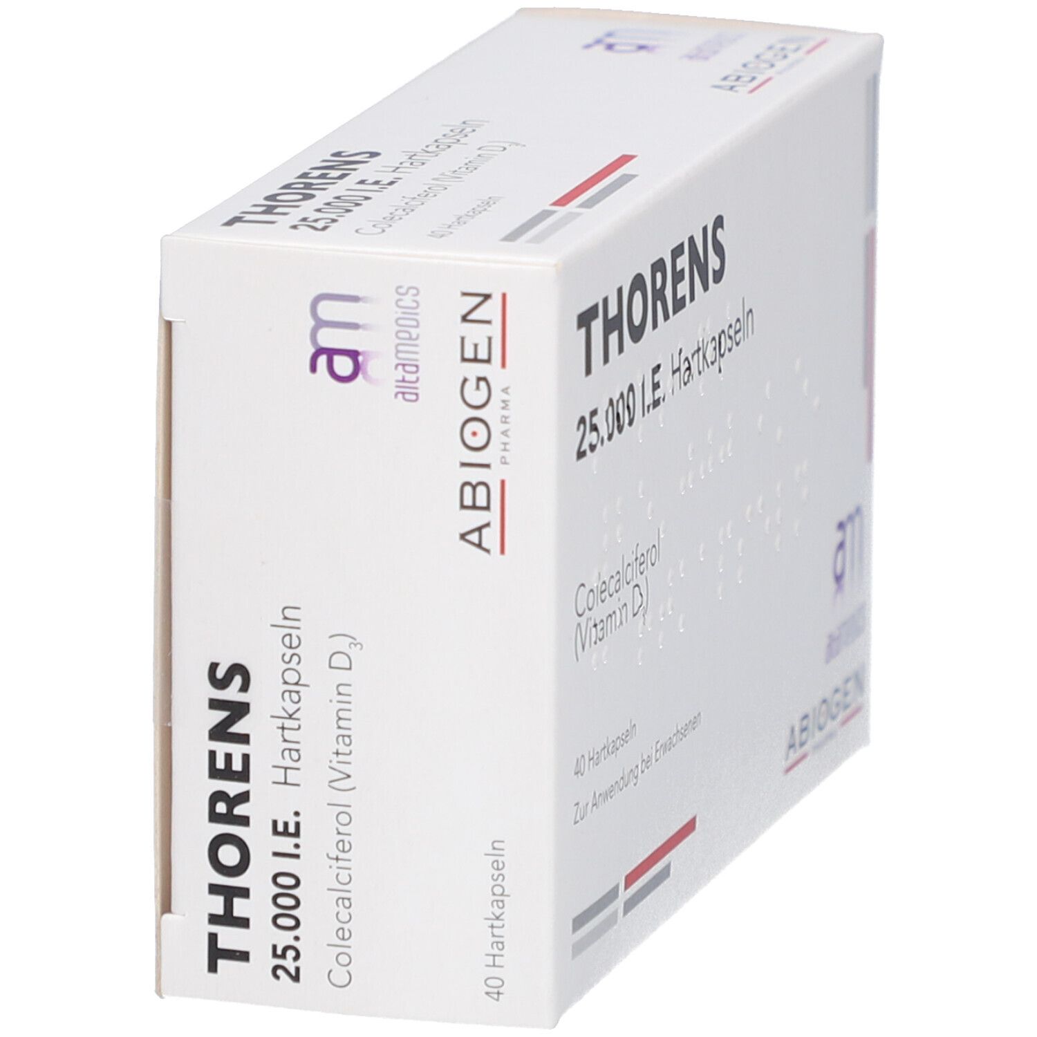 Schachtel THORENS 25.000 I.E. Hartkapseln, weiß. Enthält Colecalciferol (Vitamin D3). 40 Hartkapseln. Logo altamedics ABIOGEN.