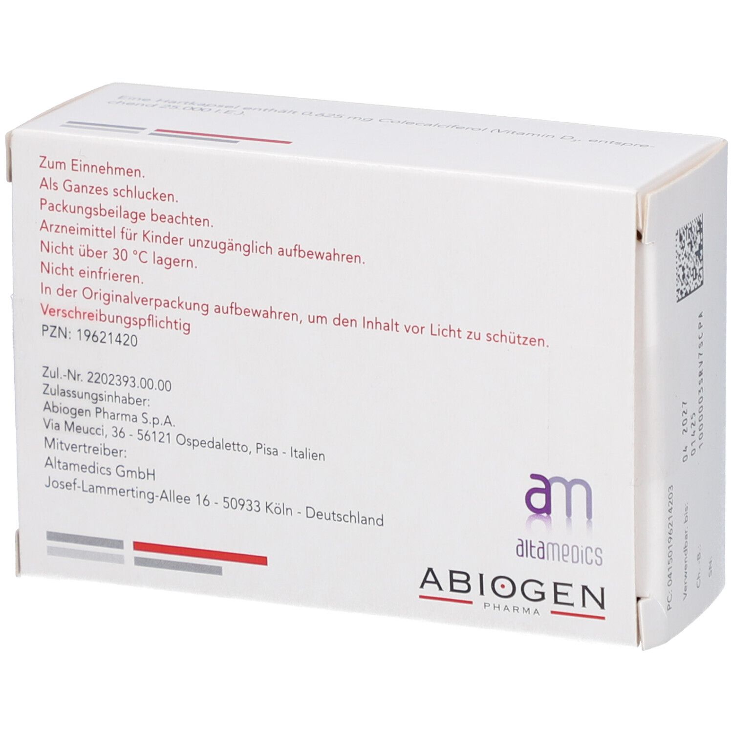 Rückseite der weißen Schachtel THORENS 25.000 I.E. Hartkapseln. Textinformationen, Herstelleradresse, PZN-Nummer, Logo altamedics ABIOGEN.