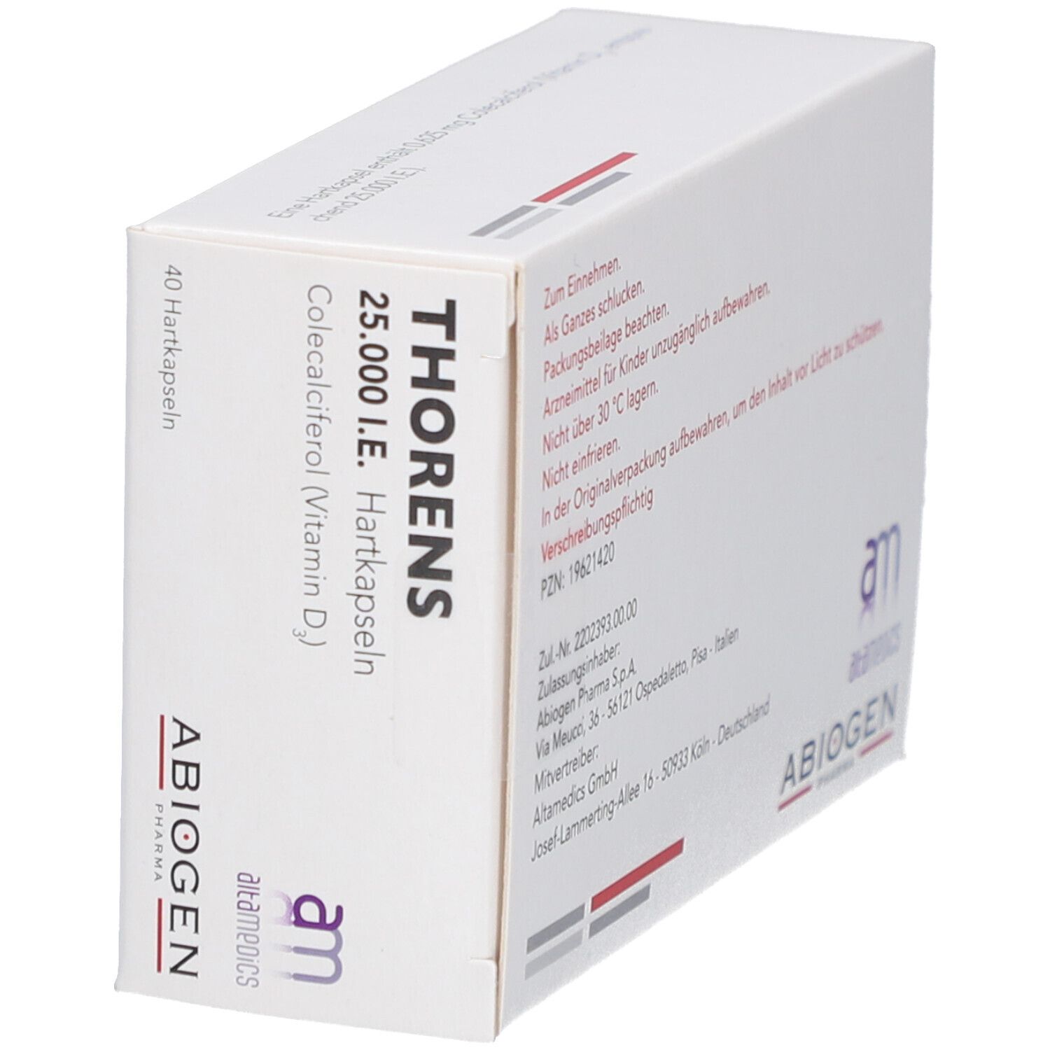 Schachtel THORENS 25.000 I.E. Hartkapseln, weiß. Enthält Colecalciferol (Vitamin D3). 40 Hartkapseln. Logo altamedics ABIOGEN.