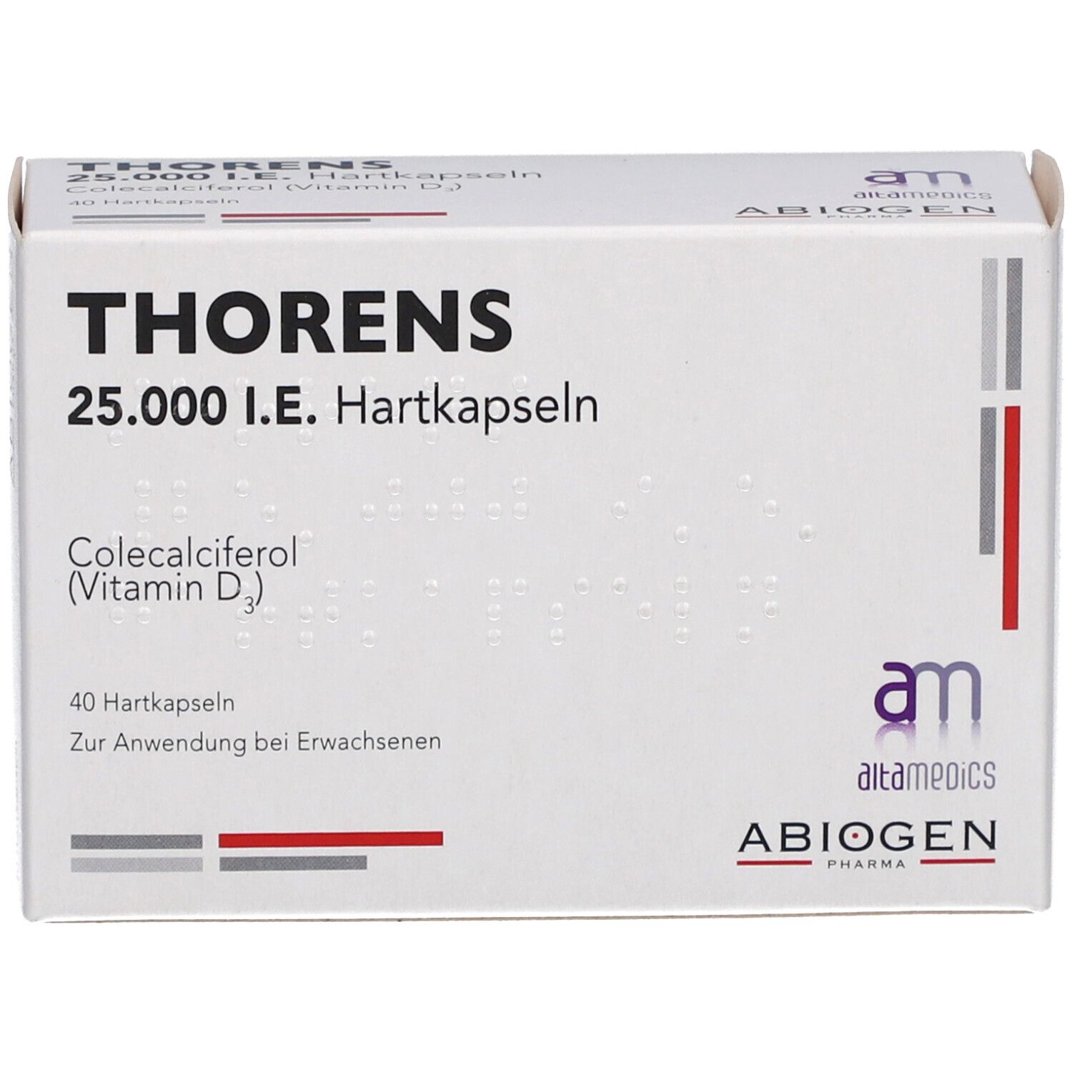 Weiße Schachtel mit THORENS 25.000 I.E. Hartkapseln. Enthält Colecalciferol (Vitamin D3). 40 Hartkapseln. Logo von altamedics ABIOGEN.
