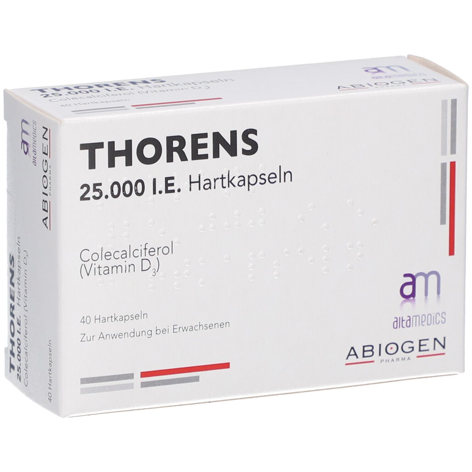 Weiße Schachtel mit THORENS 25.000 I.E. Hartkapseln. Enthält Colecalciferol (Vitamin D3). 40 Hartkapseln. Logo von altamedics ABIOGEN.