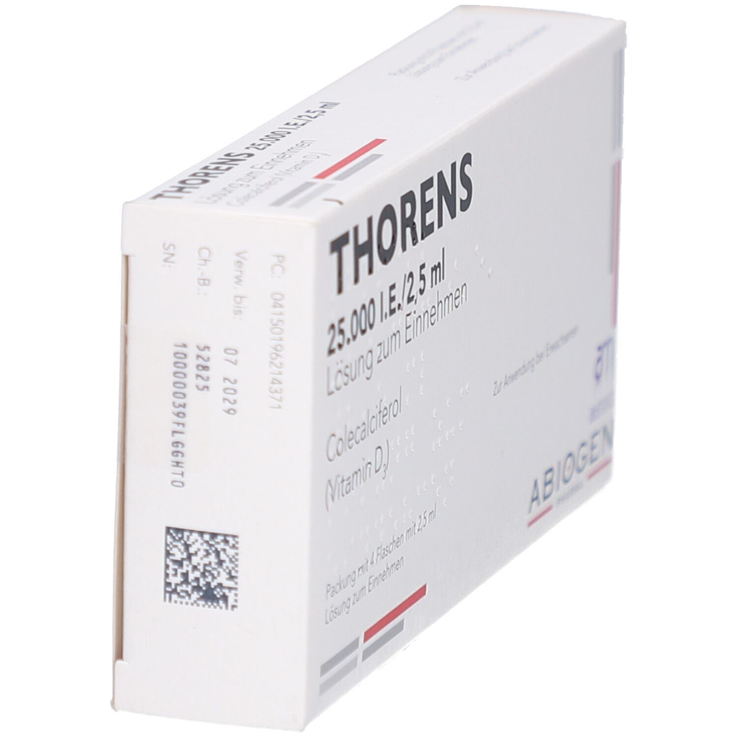 Weiße Faltschachtel, seitliche Ansicht. Aufdruck: THORENS 25.000 I.E./2,5 ml Lösung zum Einnehmen. Colecalciferol (Vitamin D3). QR-Code und Chargennummer.