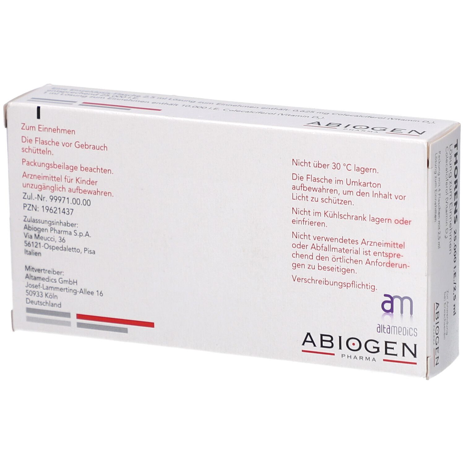 Rückseite der weißen Faltschachtel. Text: Hinweise zur Lagerung, Herstellerinformationen, PZN-Nummer, Zulassungsnummer, Anschrift.