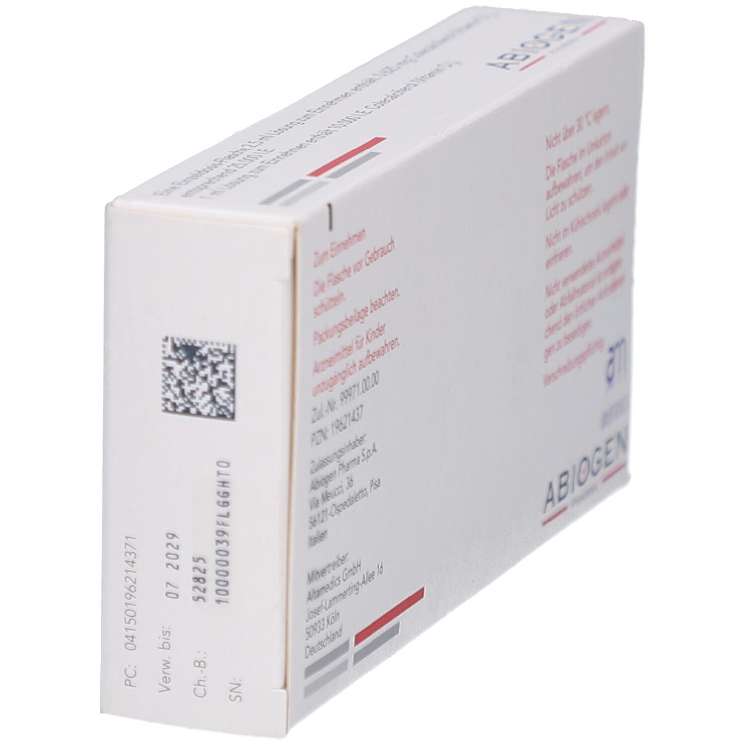 Weiße Faltschachtel, Seitenansicht. Text: Hinweise zur Lagerung, Herstellerinformationen, QR-Code, Chargennummer, Verfallsdatum.