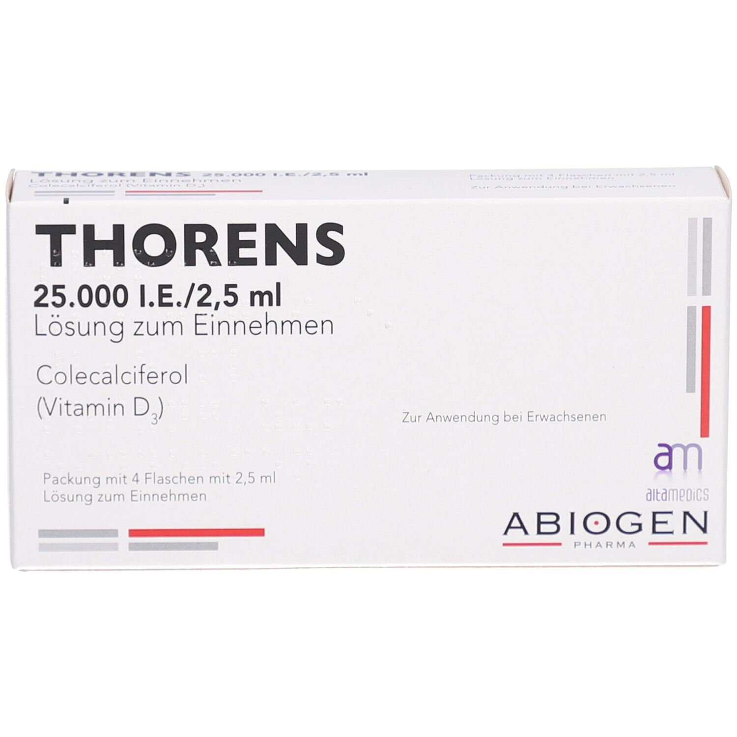 Weiße Faltschachtel mit THORENS-Aufdruck. Enthält 4 Flaschen. Text: 25.000 I.E./2,5 ml Lösung zum Einnehmen. Colecalciferol (Vitamin D3).