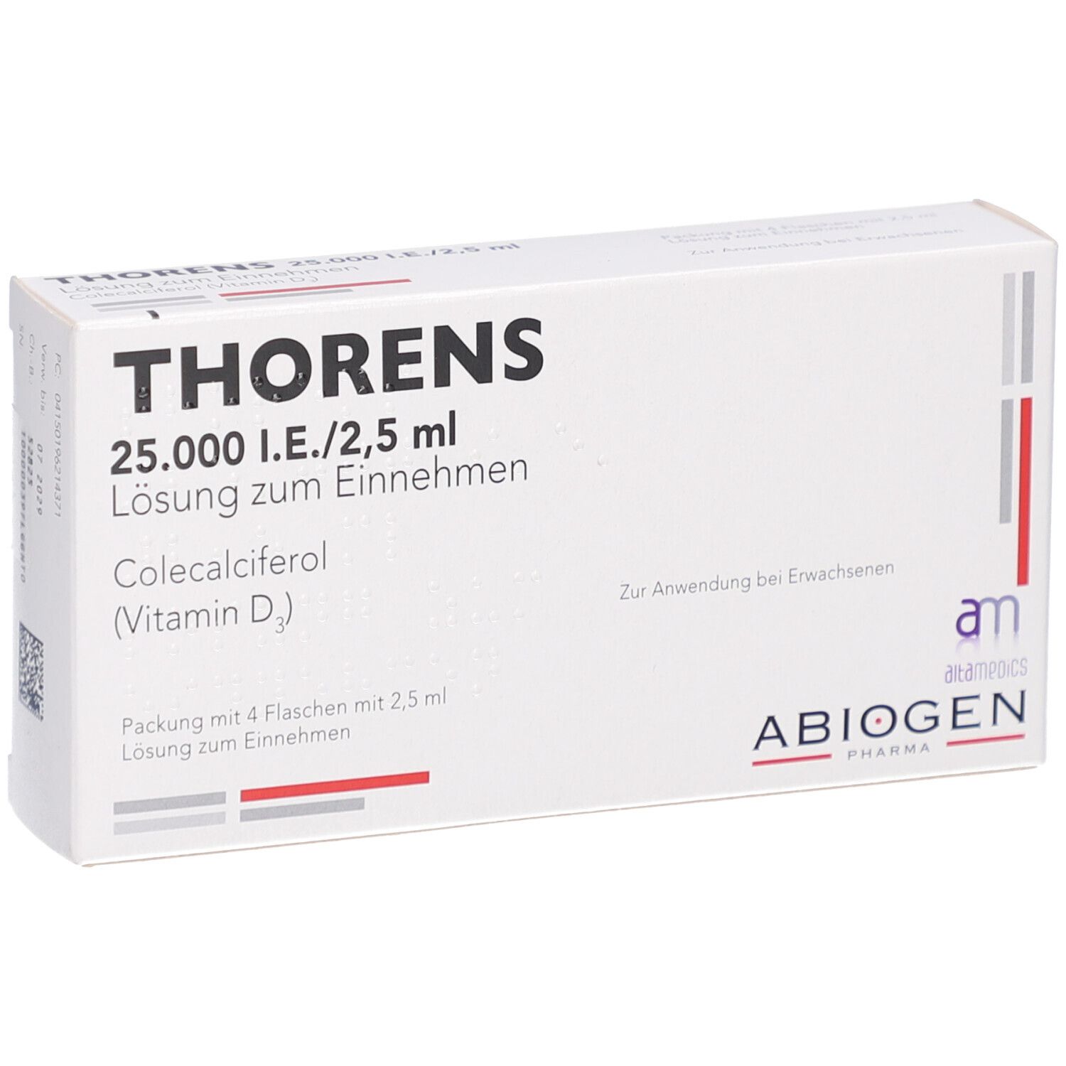 Weiße Faltschachtel mit THORENS-Aufdruck. Enthält 4 Flaschen. Text: 25.000 I.E./2,5 ml Lösung zum Einnehmen. Colecalciferol (Vitamin D3).