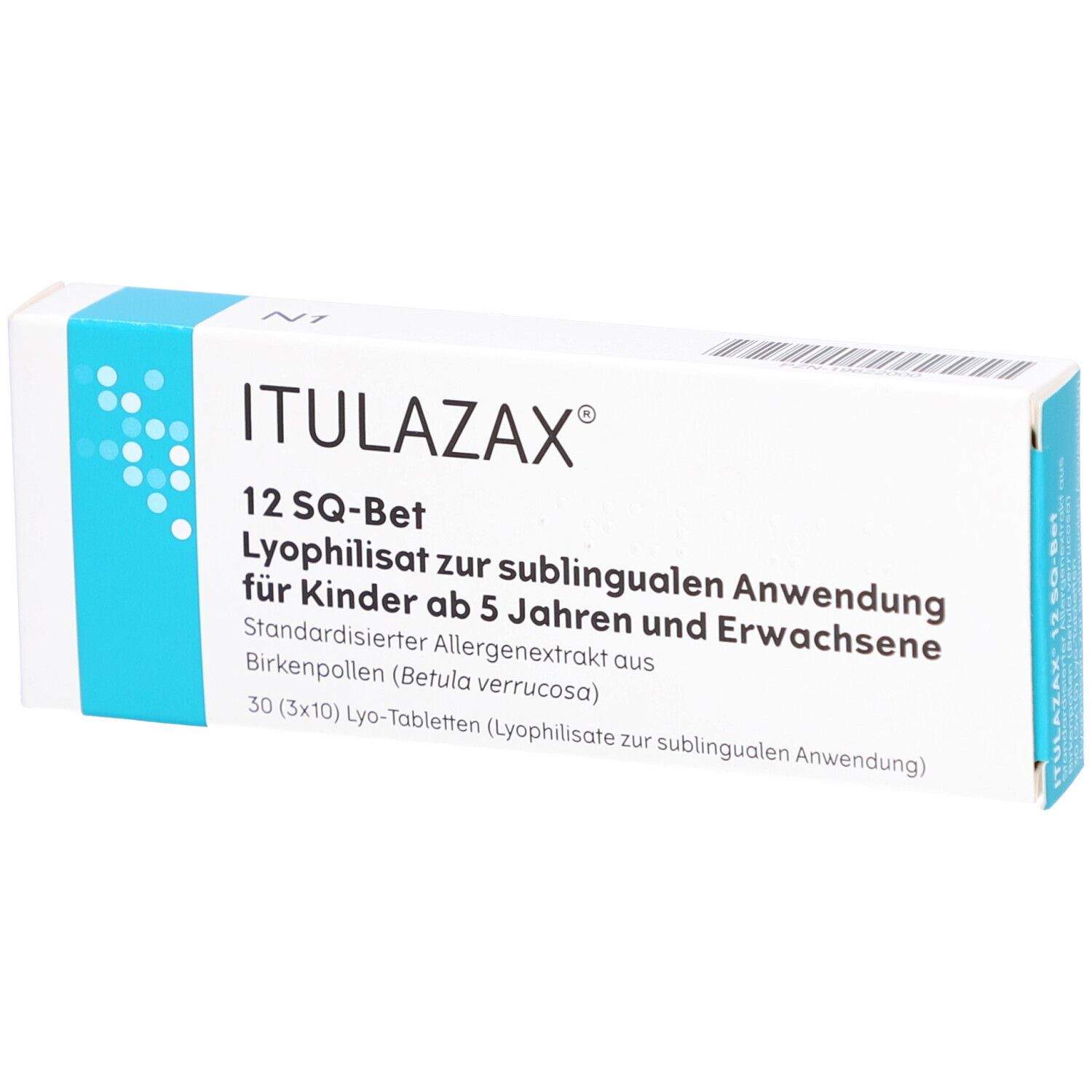 Weiße Schachtel mit blauer Akzentfarbe. Aufschrift: ITULAZAX, 12 SQ-Bet, Lyophilisat zur sublingualen Anwendung.